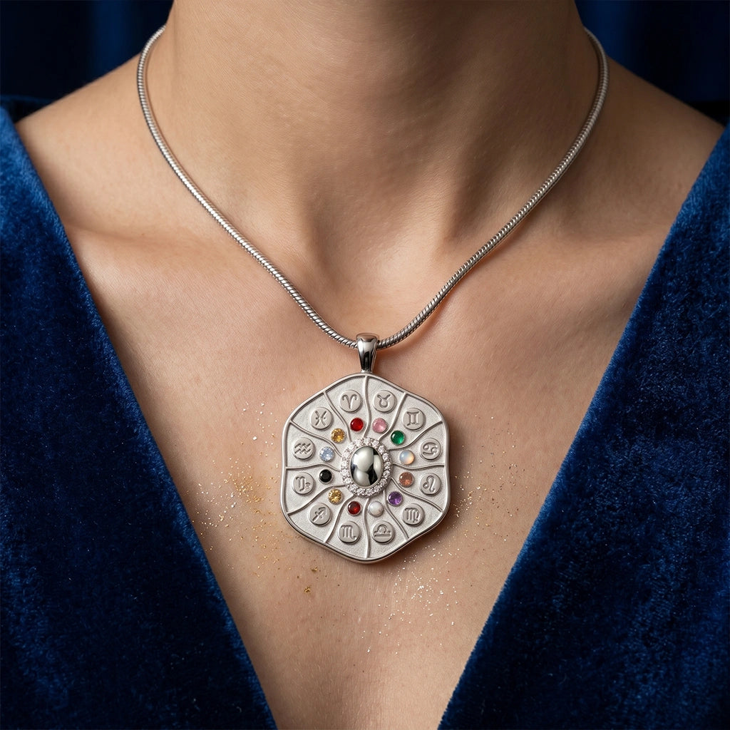 Astrological 12-Zodiac Wheel Medallion Pendant with Multi-Color Crystals in 925 Silver