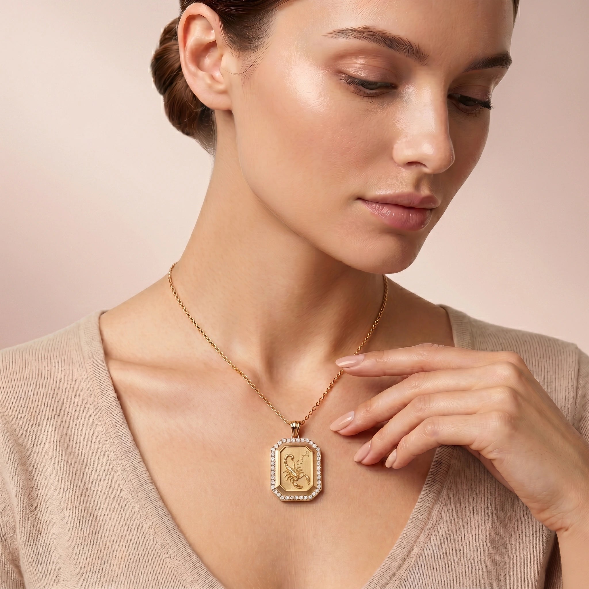 Vintage-Style Scorpio Zodiac Constellation Diamond Finish Moissanite Halo Pendant in Gold-Plated