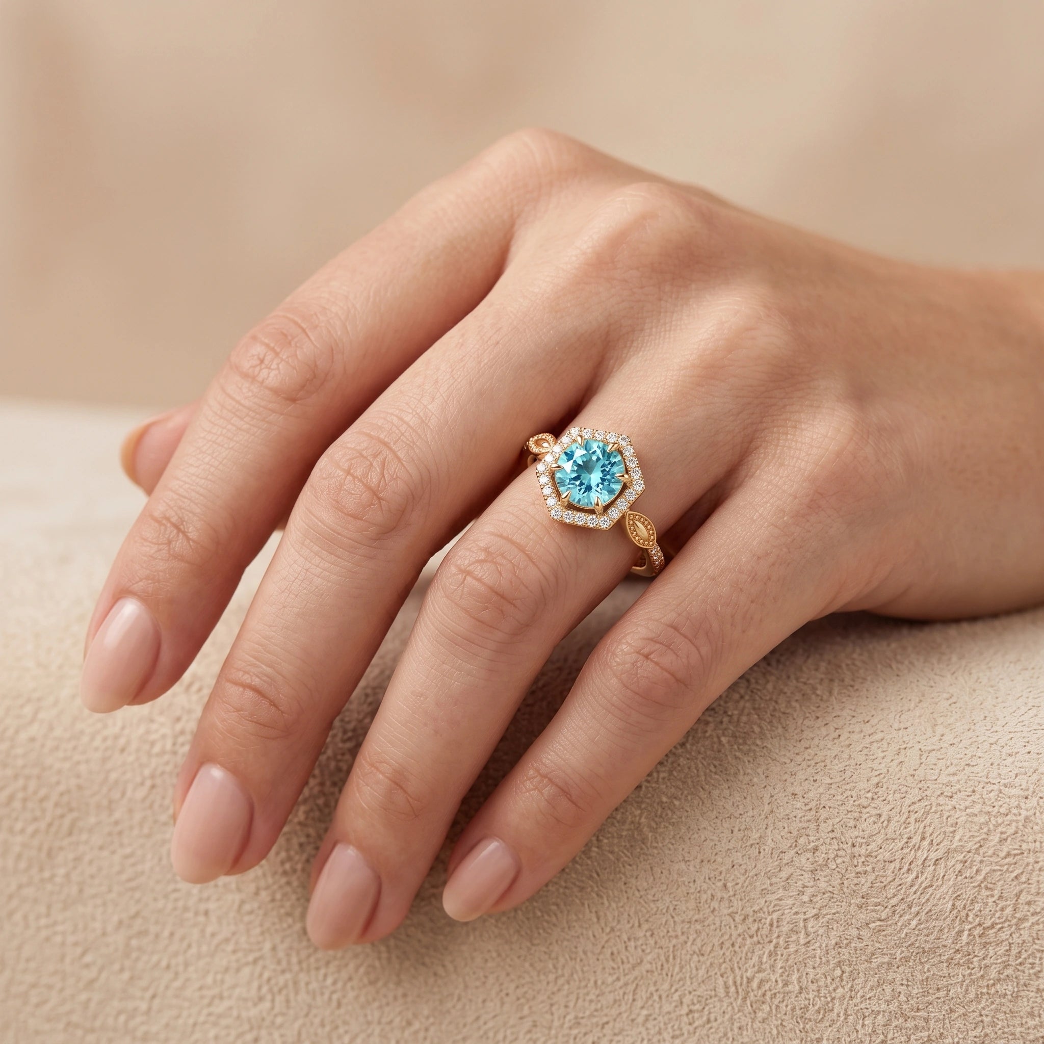 Oval Seafoam Aquamarine Geometric Hexagonal Halo Ring