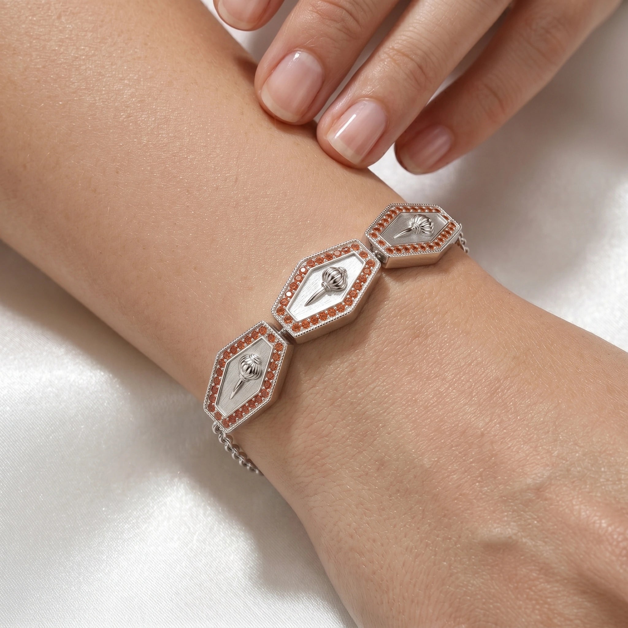 Hanuman's Mace Motif Link Bracelet  with Crystals in 925 Silver