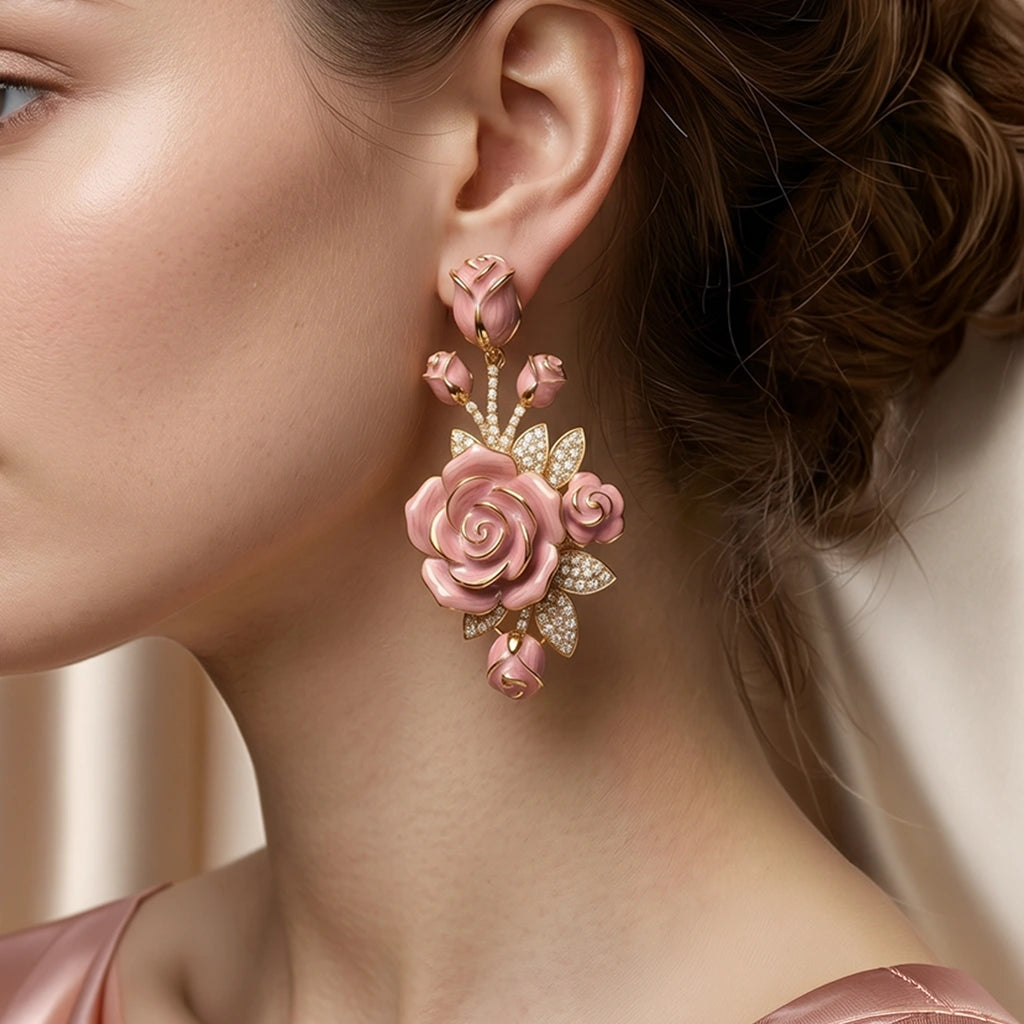 Nature-Inspired Pink Enamel Rose Floral Drop Earrings with Diamond Finish Moissanite in Gold-Plated