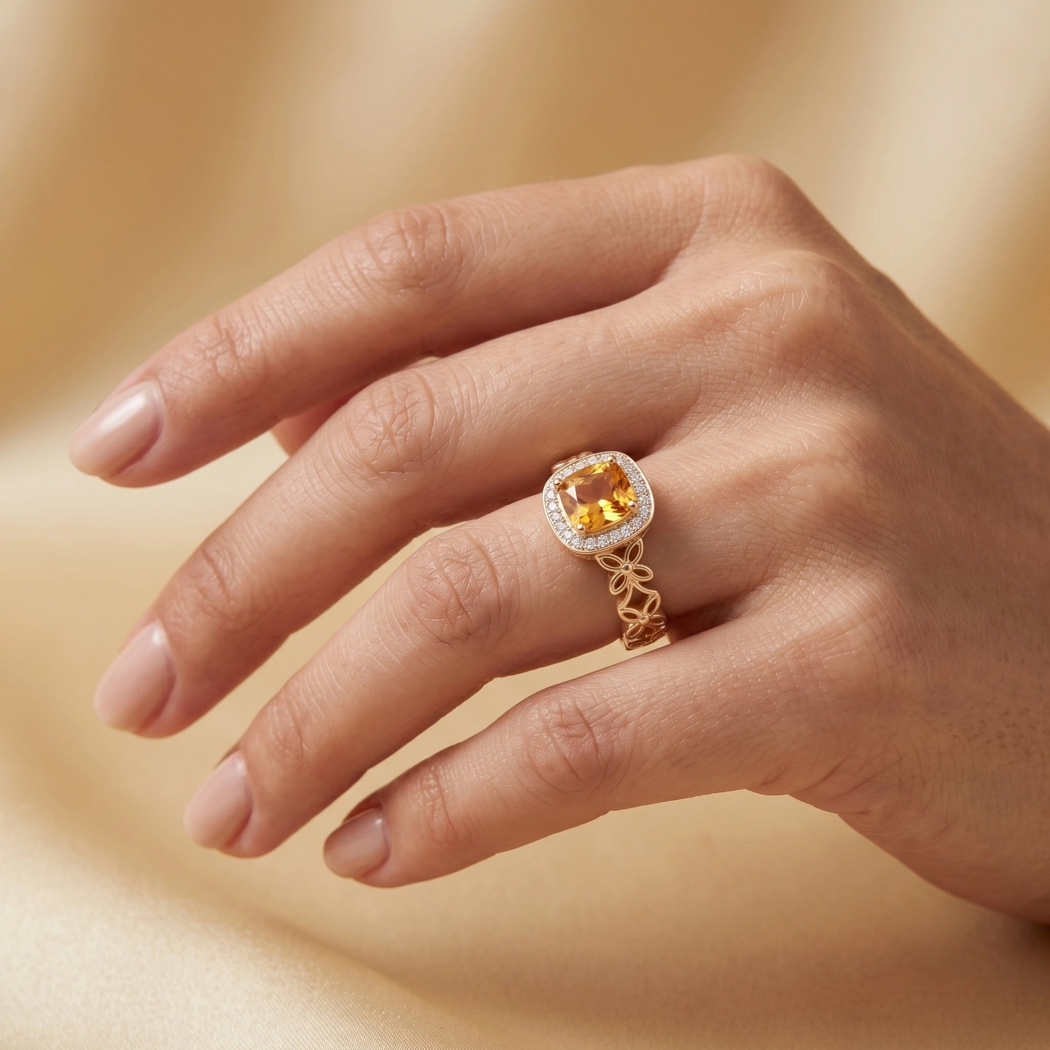 Vintage Cushion-Cut Honey Citrine Halo Filigree Ring