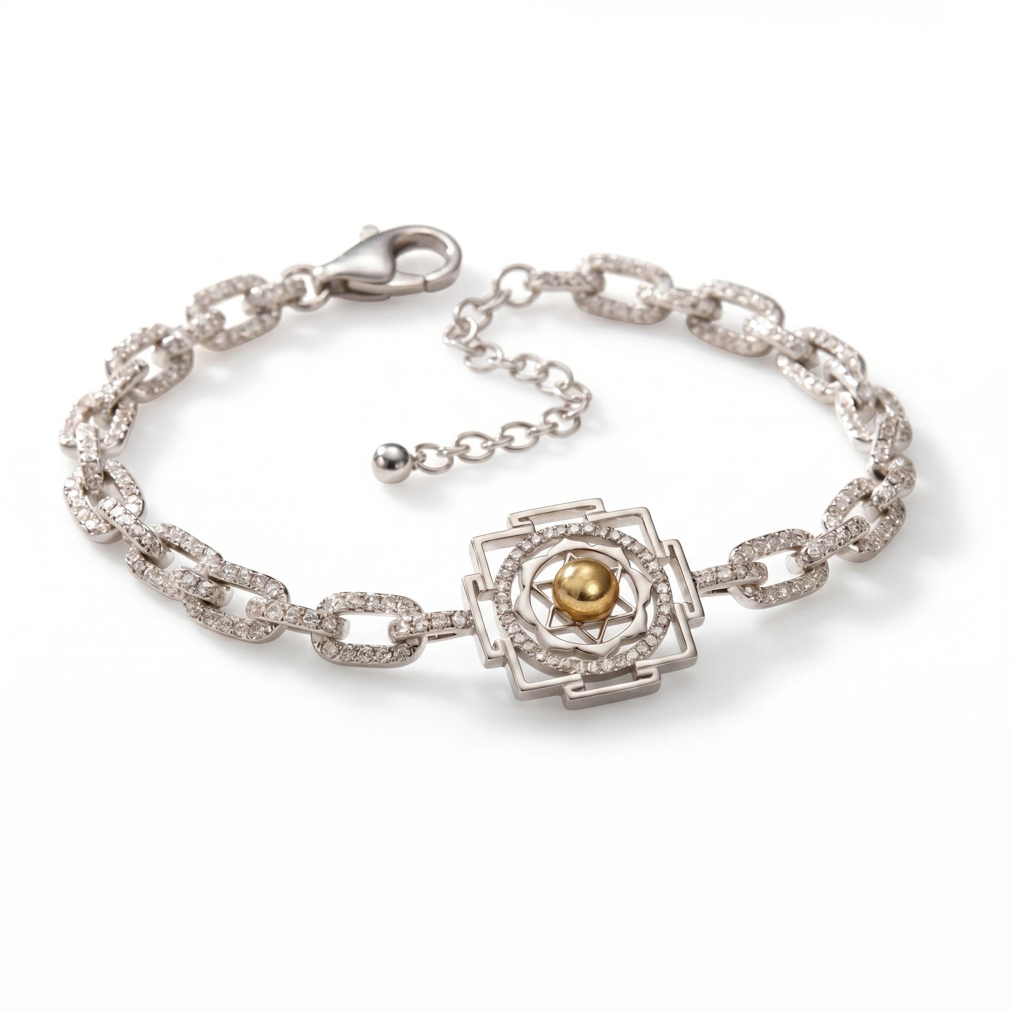 Shri Yantra Motif with Diamond Finish Moissanite Crystal Link Bracelet in 925 Silver