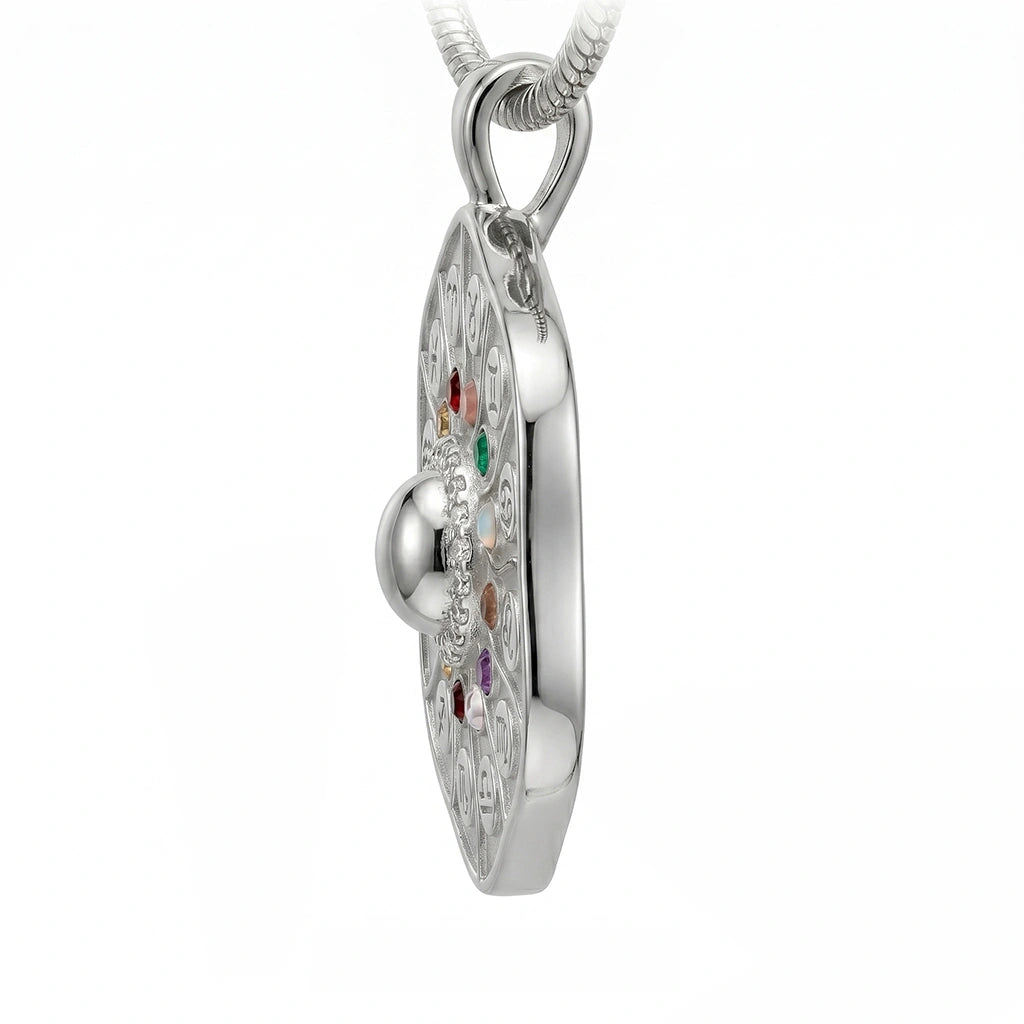 Astrological 12-Zodiac Wheel Medallion Pendant with Multi-Color Crystals in 925 Silver