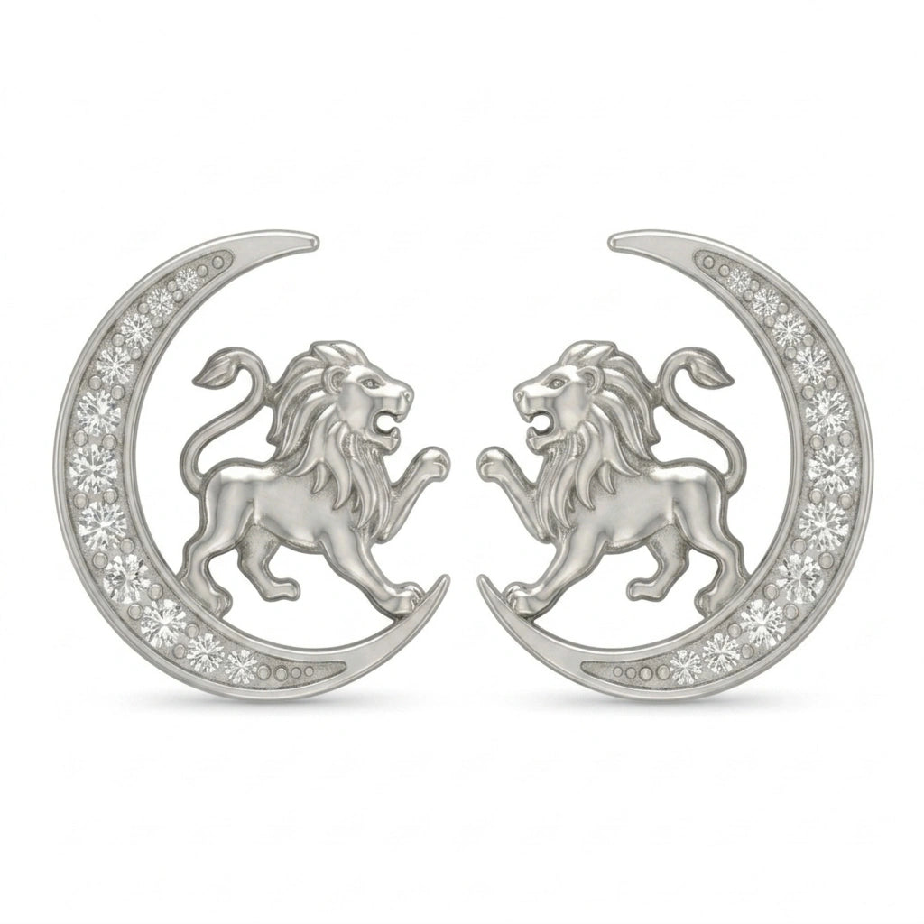 Celestial Crescent Moon and Leo Zodiac Diamond  Finish Moissanite Stud Earrings in 925 Silver