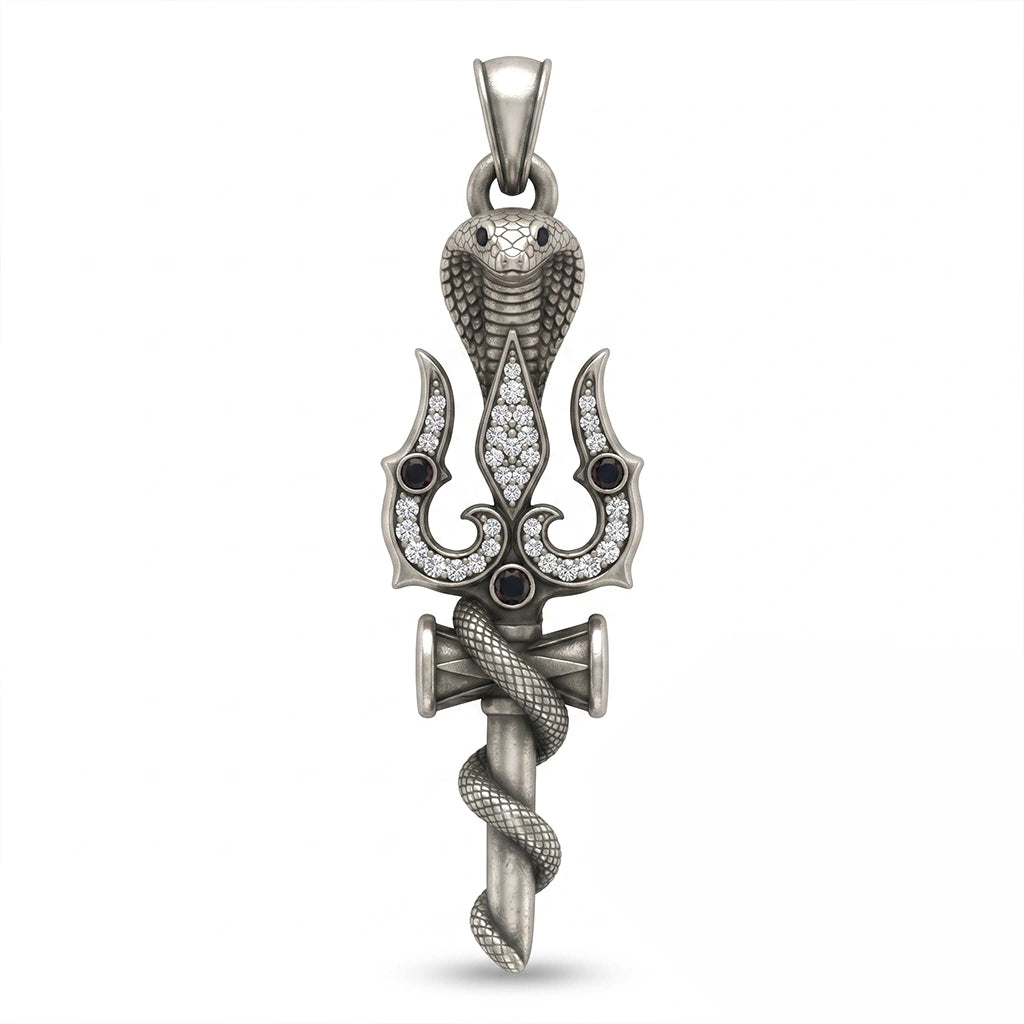Spiritual Trident and Cobra Serpent Motif Pendant with  Black Diamond Finish Moissanite in 925 Silver