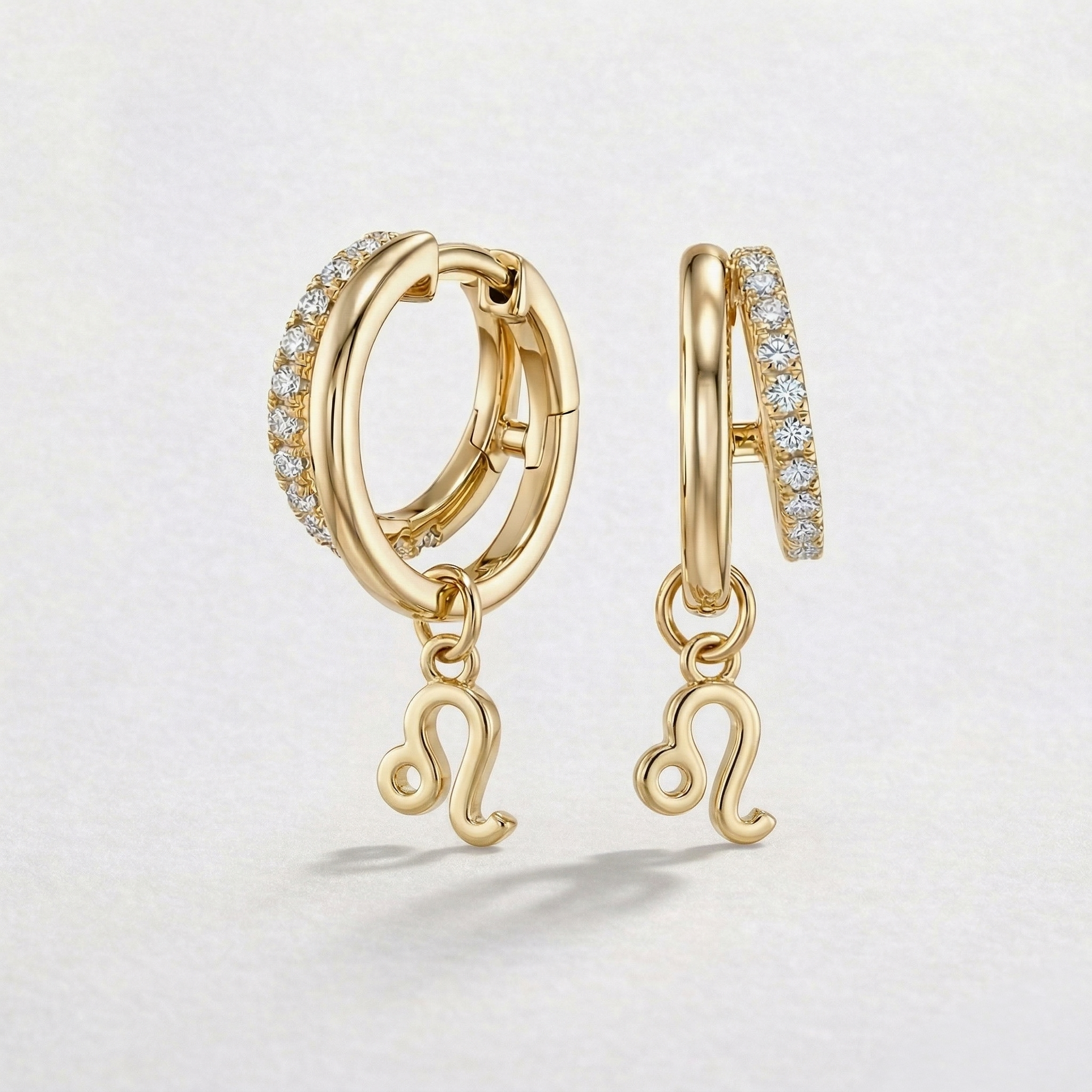 Diamond Finish Moissanite Pavé Hoop Earrings with Leo Zodiac Drop (Gold-Plated)
