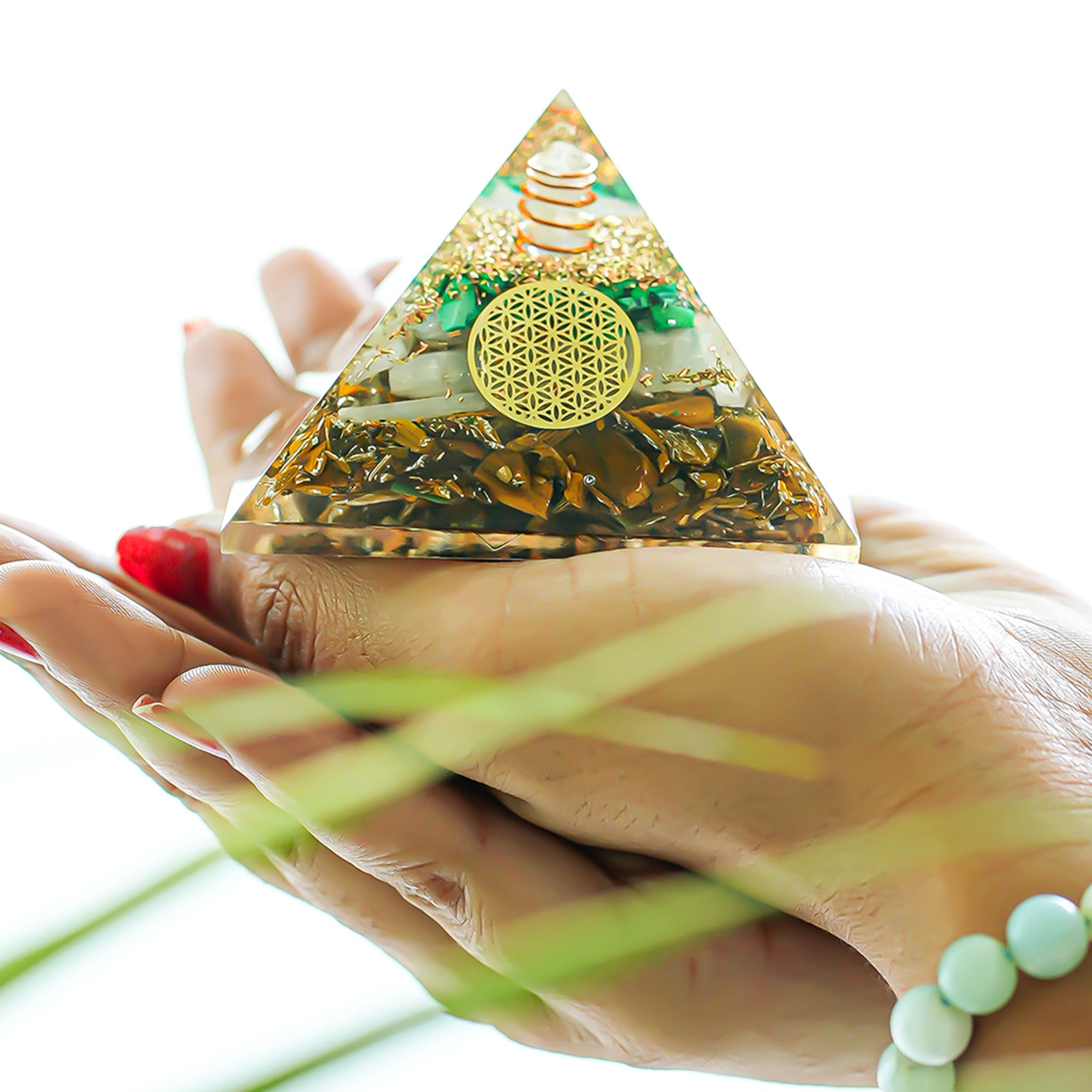 Tiger Eye, Selenite & Malachite Pyramid – for Vastu