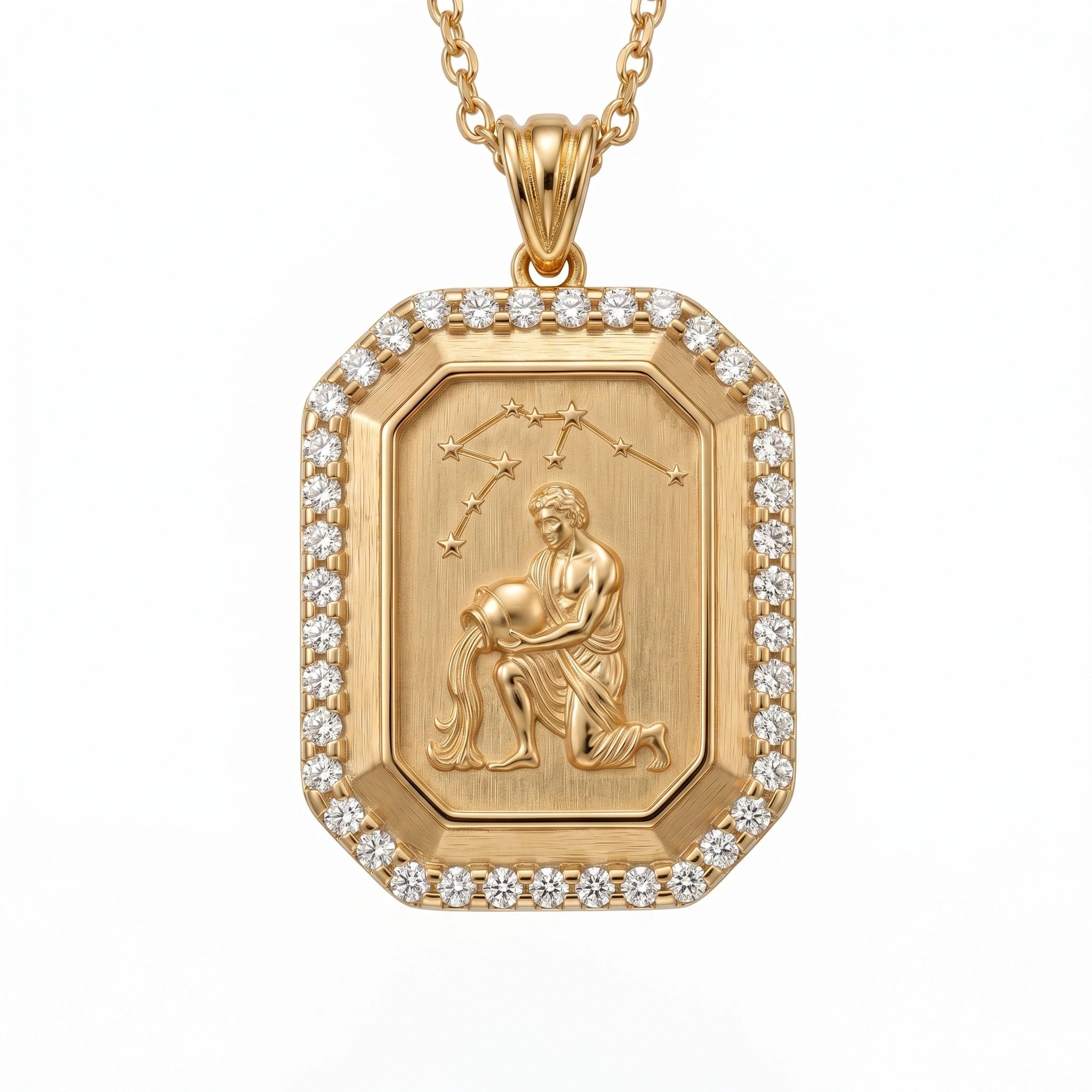 Vintage-Style Aquarius Zodiac Constellation Diamond Finish  Moissanite Halo Pendant in Gold-Plated