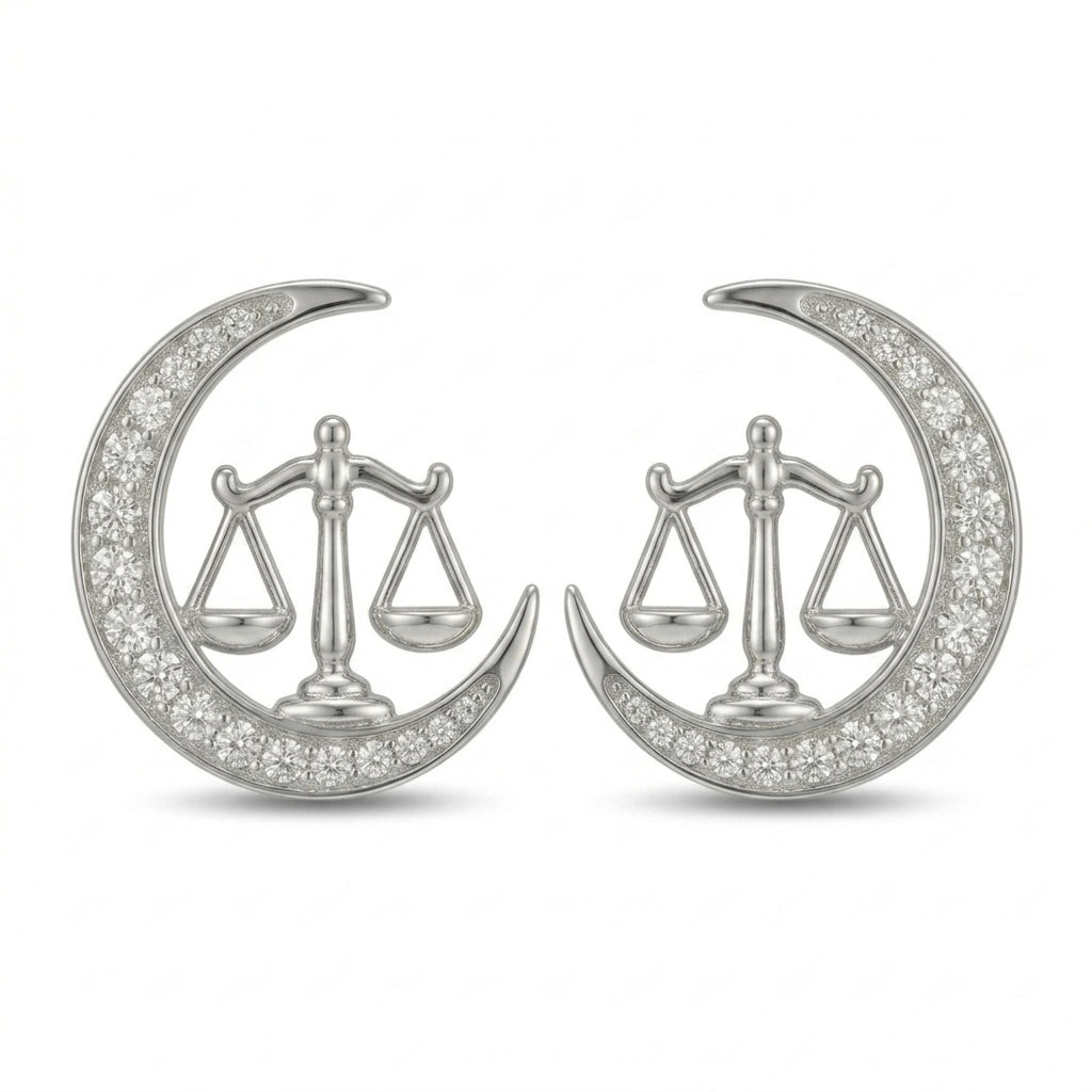 Celestial Crescent Moon and Libra Zodiac Diamond  Finish Moissanite Stud Earrings in 925 Silver
