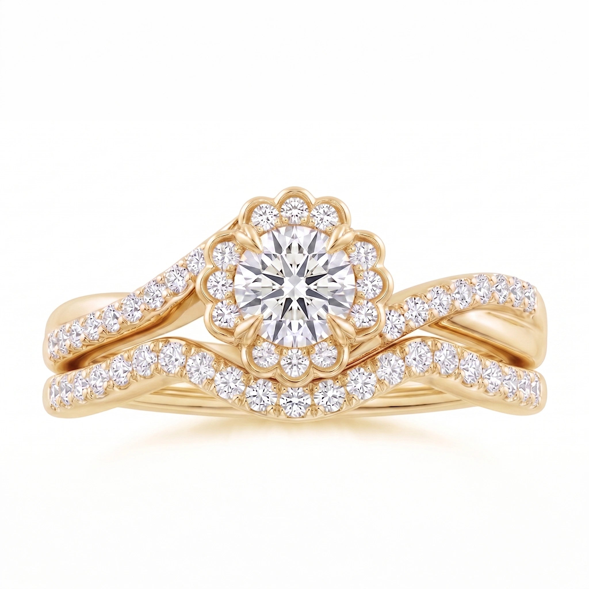 Round Celestial Floral Diamond Scalloped Halo Bridal Ring Set
