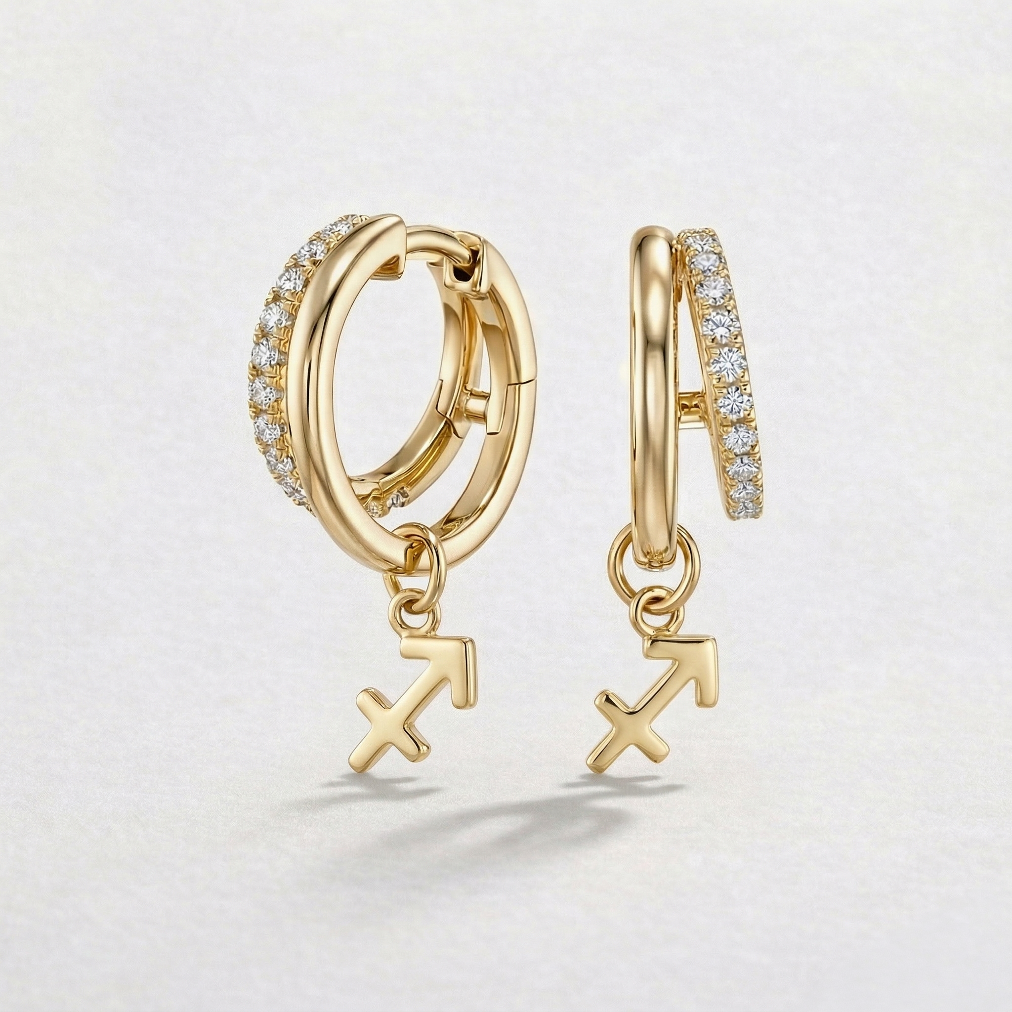Diamond Finish Moissanite Pavé Hoop Earrings with Sagittarius Zodiac Drop (Gold-Plated)