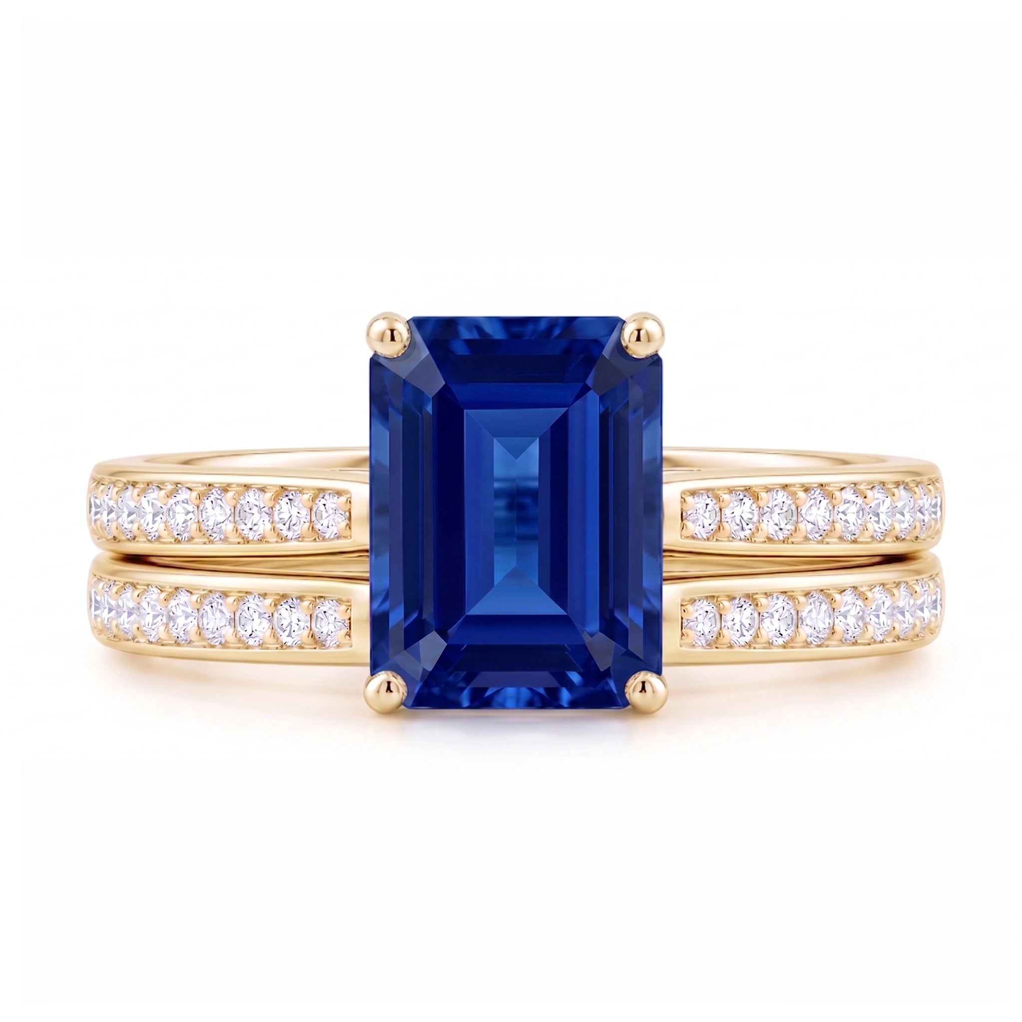 Classic Emerald-Cut Deep Blue Corundum Multiline Ring