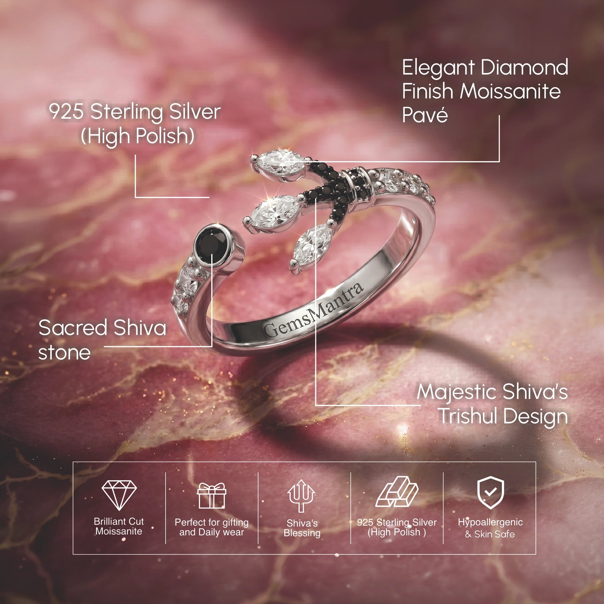 Trishul Black Stone Silver Ring