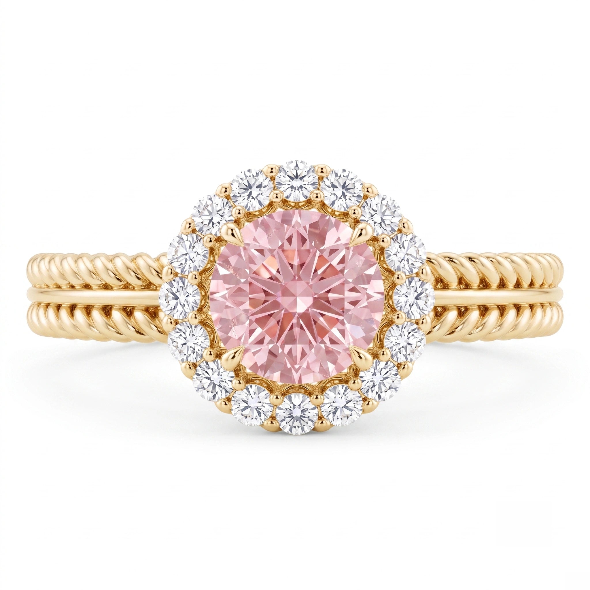 Round Blush Pink Diamond Rope Band Halo Engagement Ring