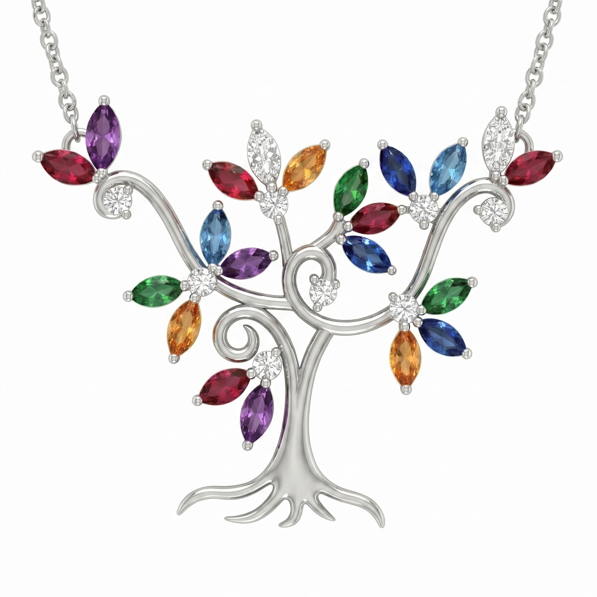 Tree of Life Multi-Color Crystal Pendant  Necklace in 925 Silver