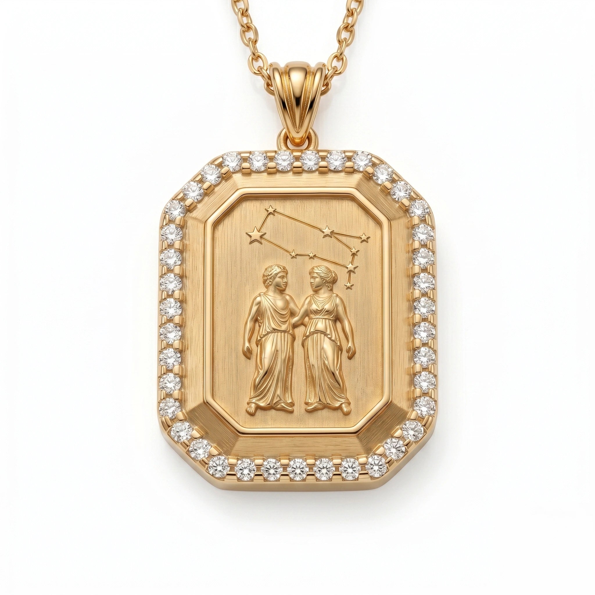 Vintage-Style Gemini Zodiac Constellation Diamond Finish  Moissanite Halo Pendant in Gold-Plated