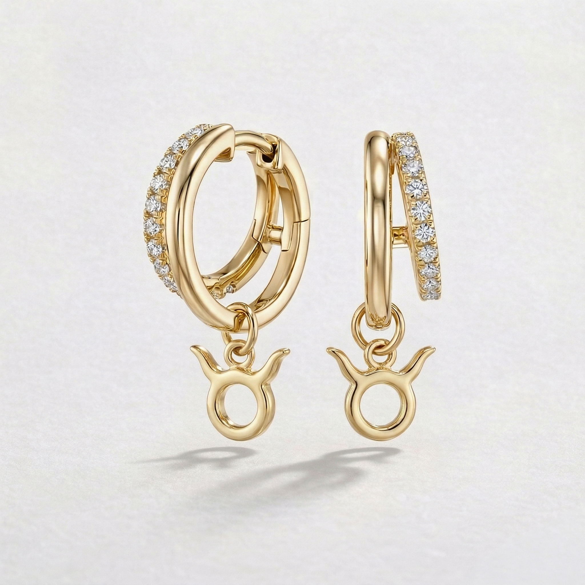 Diamond Finish Moissanite Pavé Hoop Earrings with Taurus Zodiac Drop (Gold-Plated)