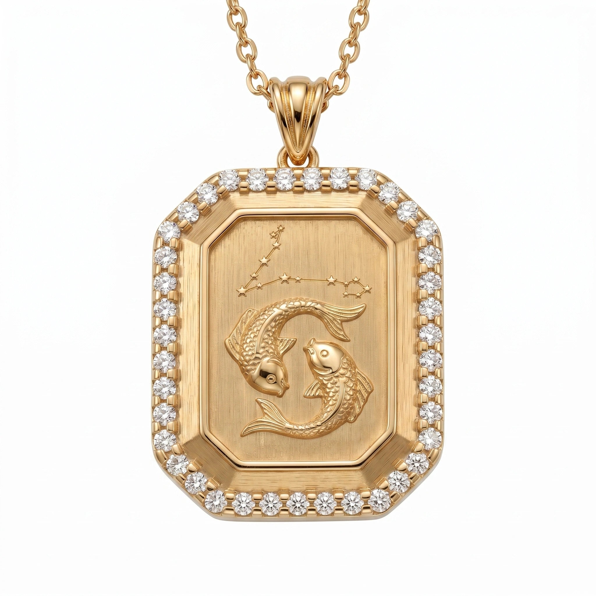 Vintage-Style Pisces Zodiac Constellation Diamond Finish  Moissanite Halo Pendant in Gold-Plated