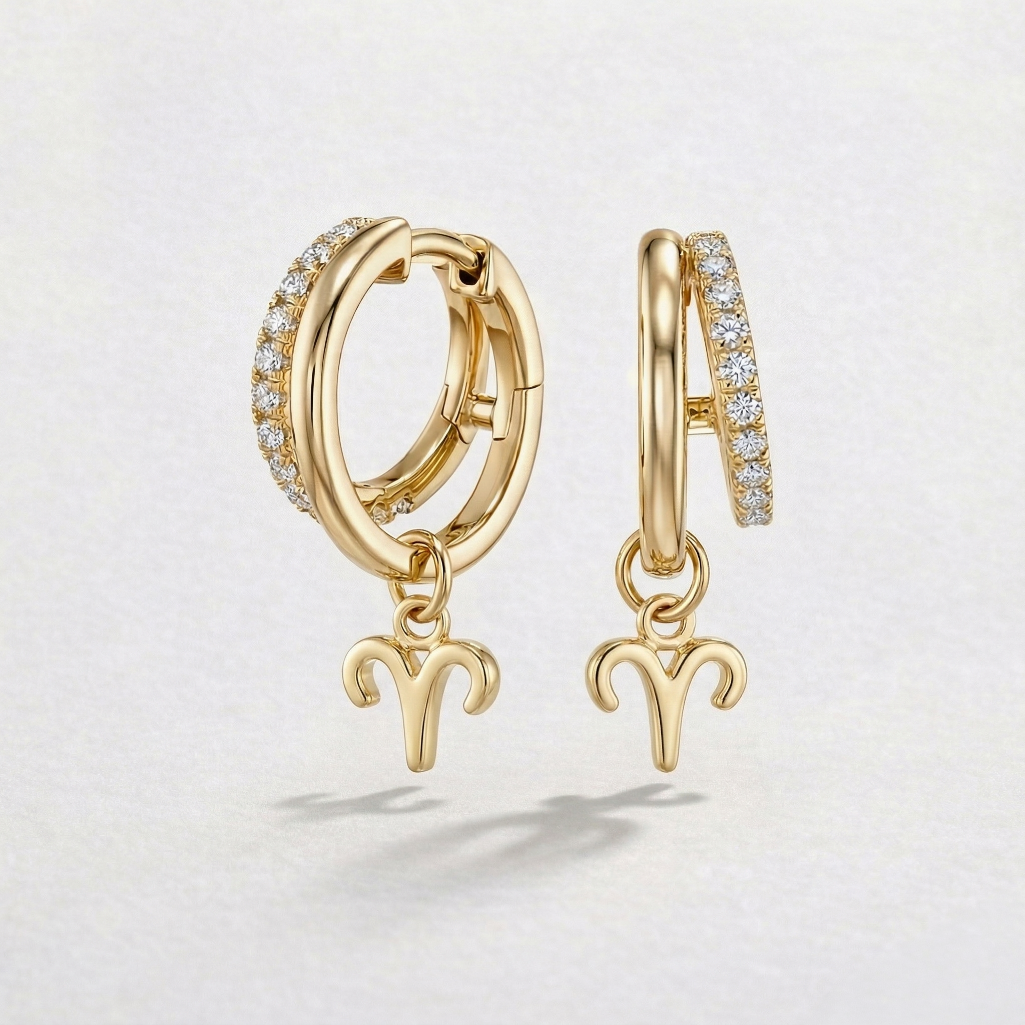 Diamond Finish Moissanite Pavé Hoop Earrings with Aries Zodiac Drop (Gold-Plated)