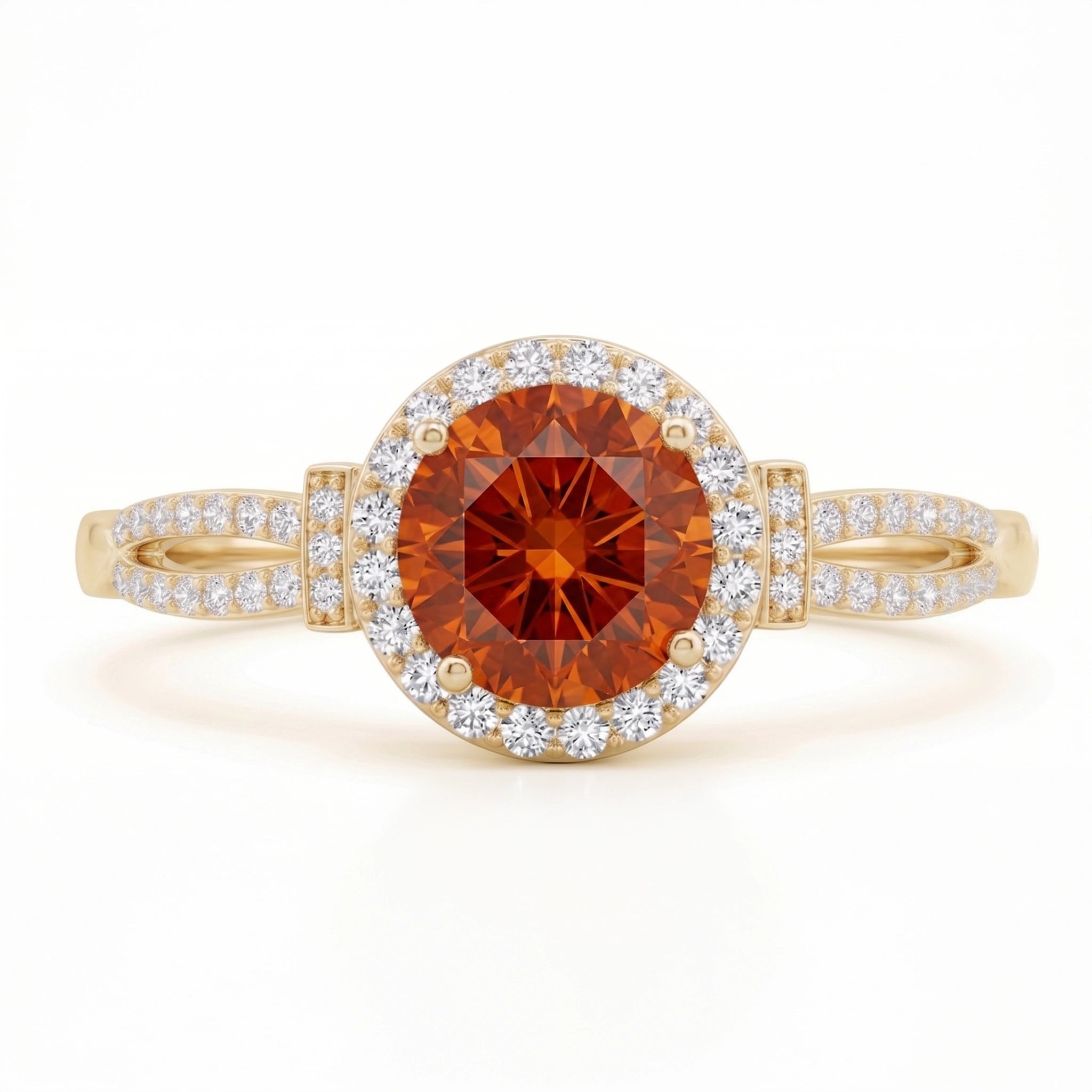 Oval Fiery Spessartite Garnet Split Shank Halo Ring