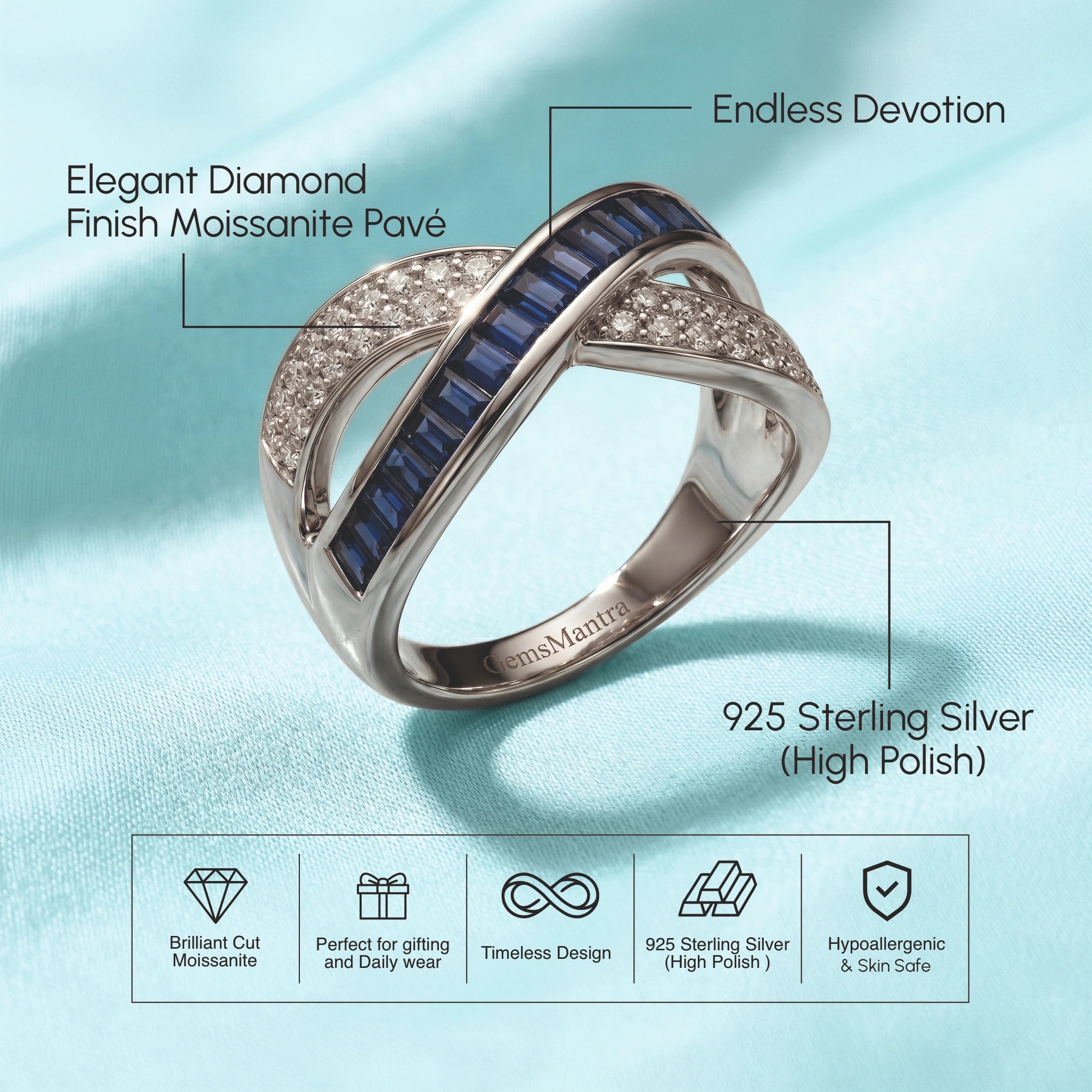 Blue Crystal Band Silver Ring