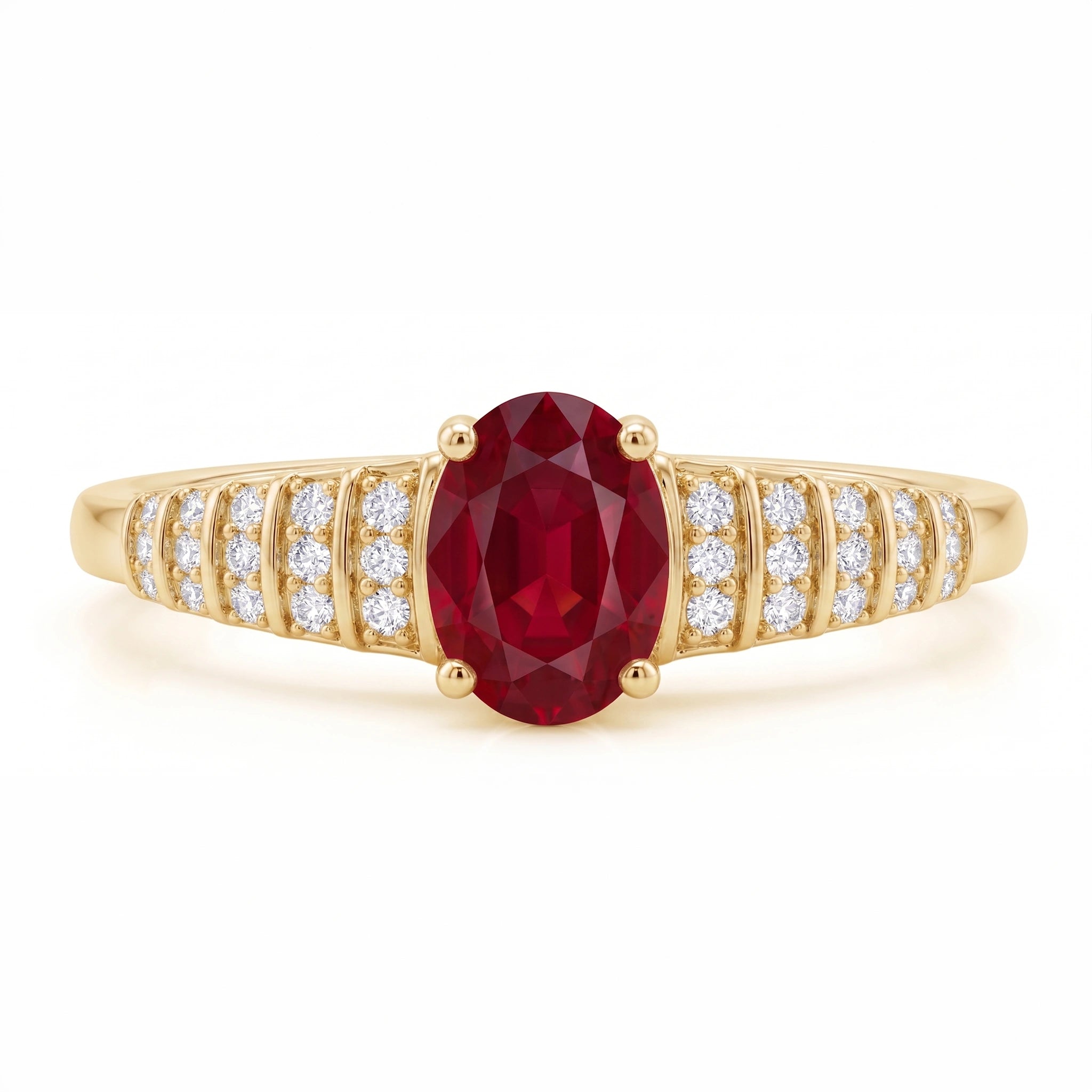 Oval Crimson Ruby Tiered Channel Set Ribbed Band Ring