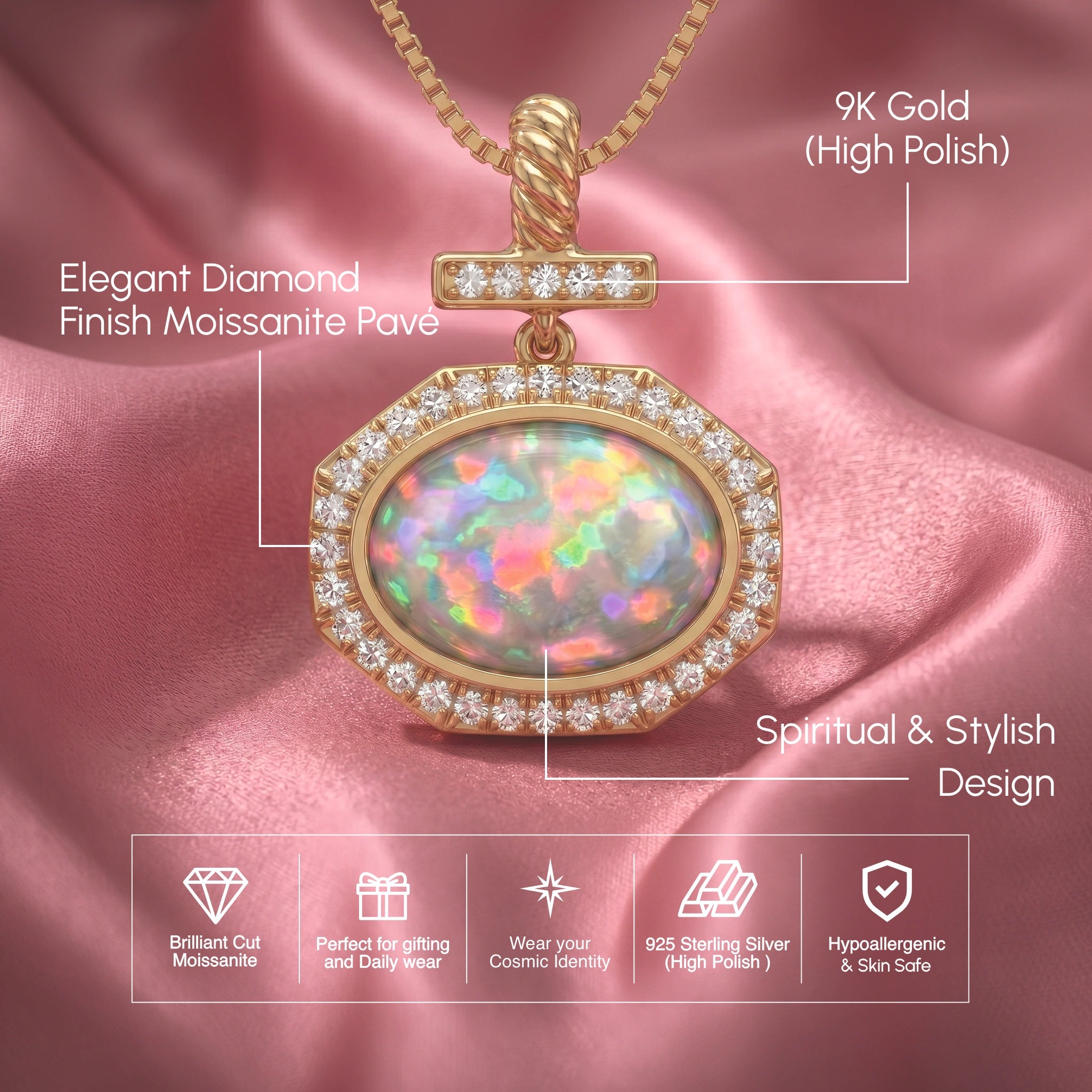 Bezel-Set Cushion Opal Pendant with Diamond Bar and Twisted Bail