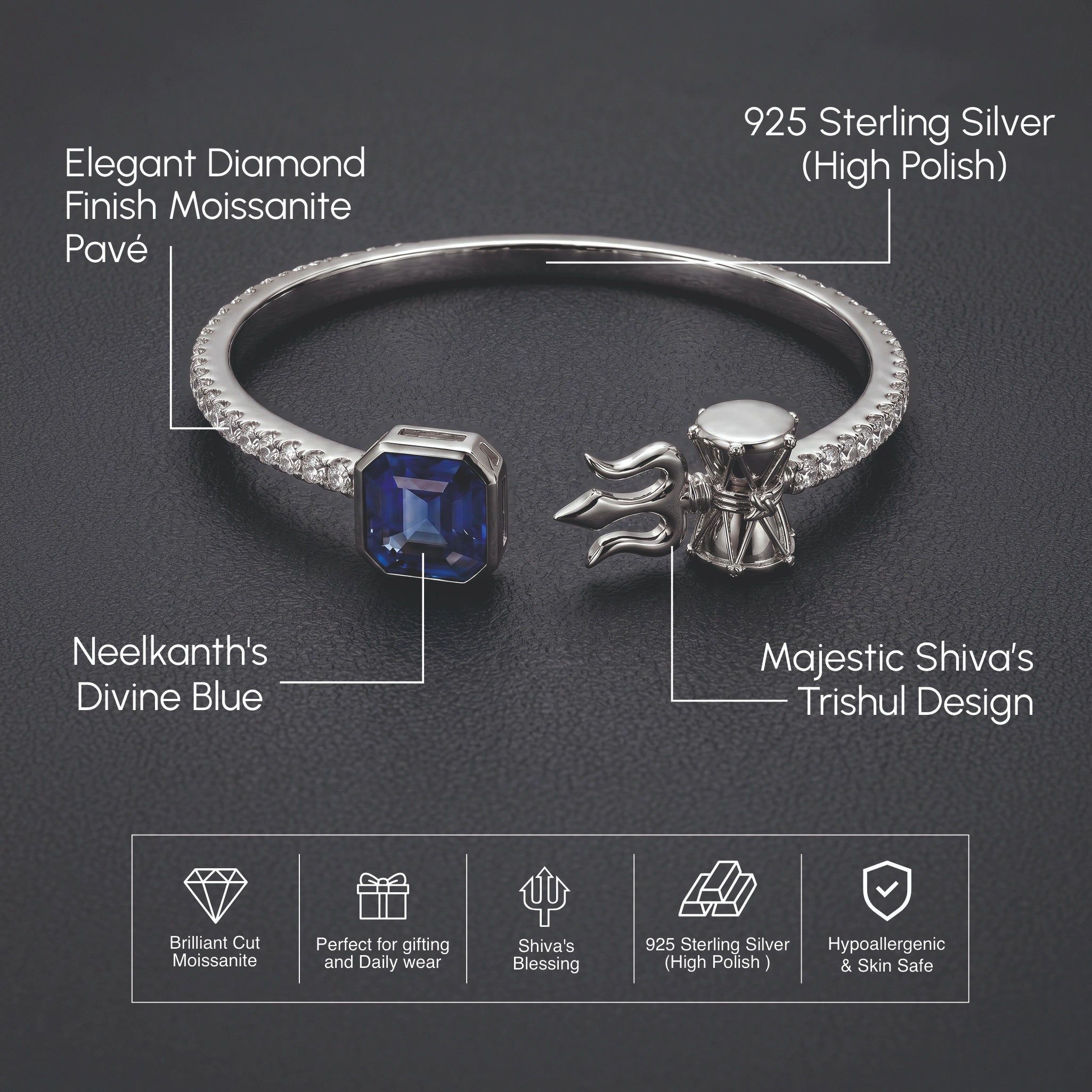 Shiv Damru Blue Stone Silver Bracelet
