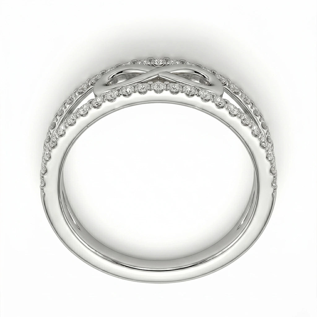 Elegant Infinity Motif Diamond Finish Moissanite Split Shank Ring in 925 Silver