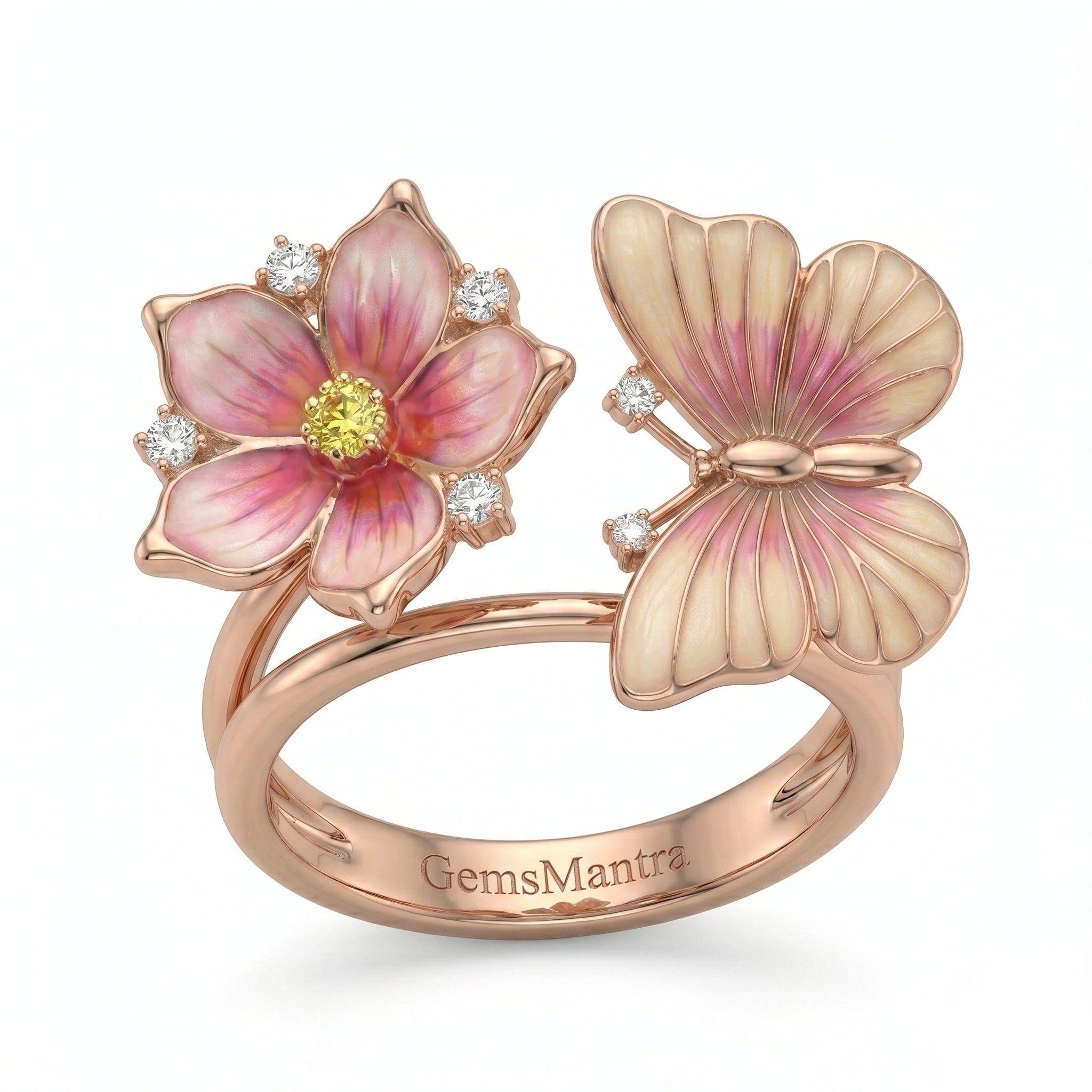 Nature-Inspired Pink Enamel Flower and Butterfly Bypass Ring  with Diamond Finish Moissanite in Rose Gold-Plated