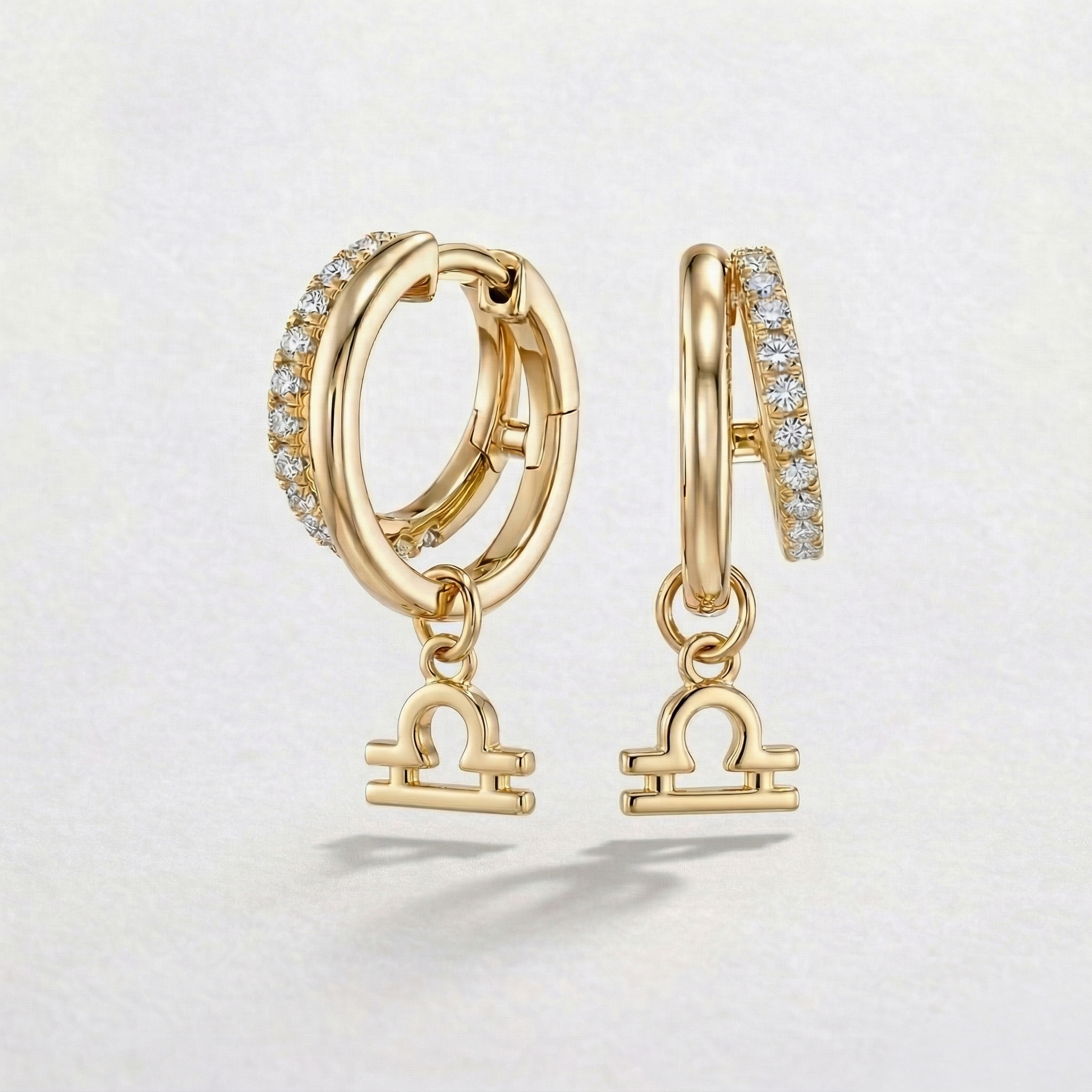 Diamond Finish Moissanite Pavé Hoop Earrings with Libra Zodiac Drop (Gold-Plated)