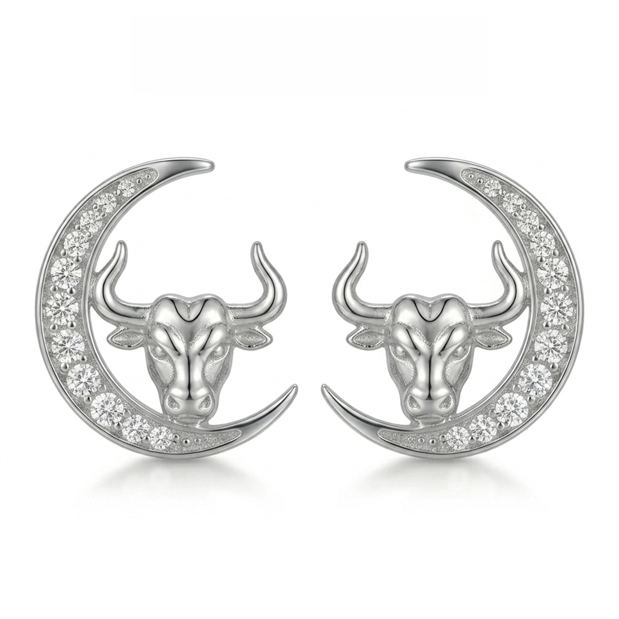 Celestial Crescent Moon and Taurus Zodiac Diamond  Finish Moissanite Stud Earrings in 925 Silver