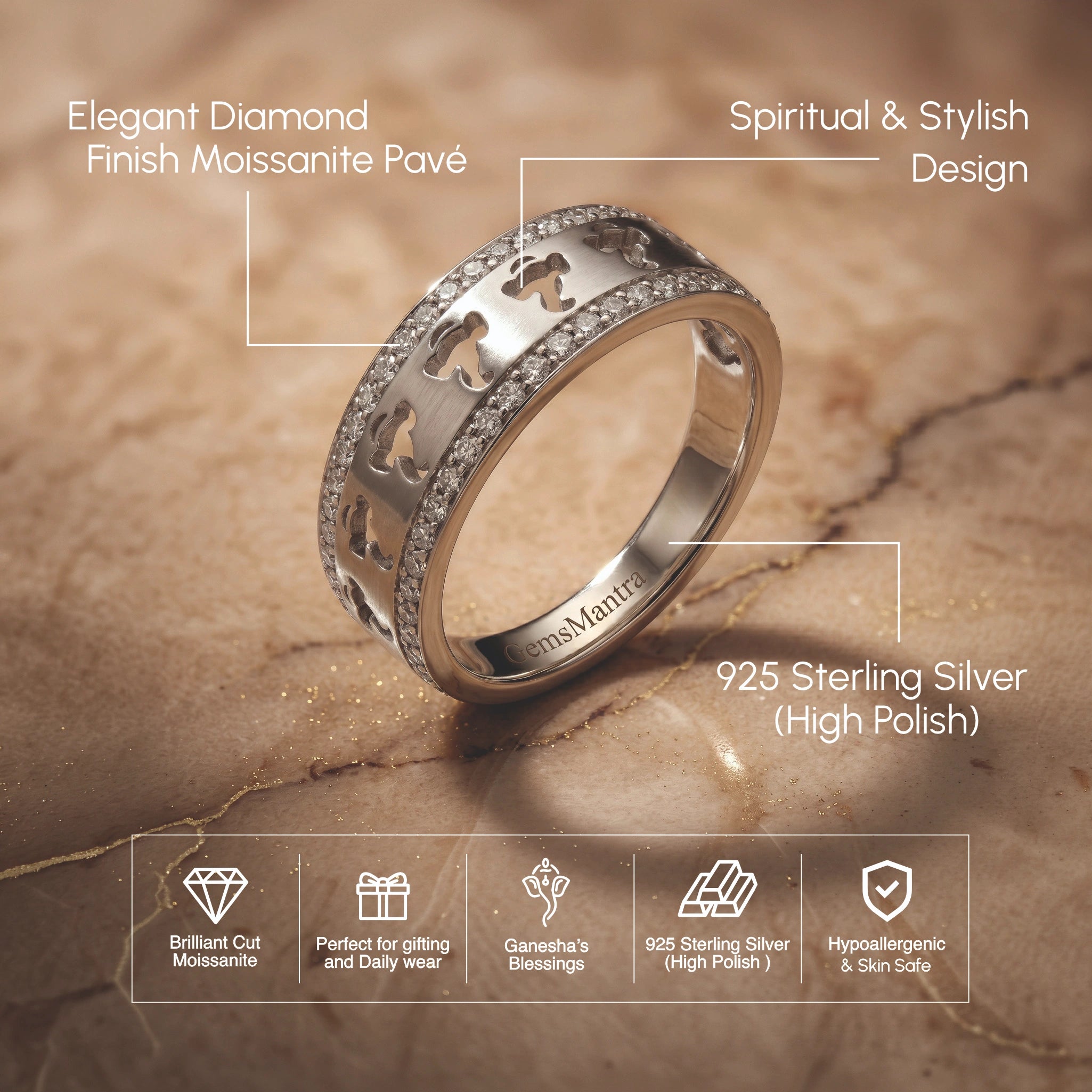 Lord ganesha silver ring with moisonnite