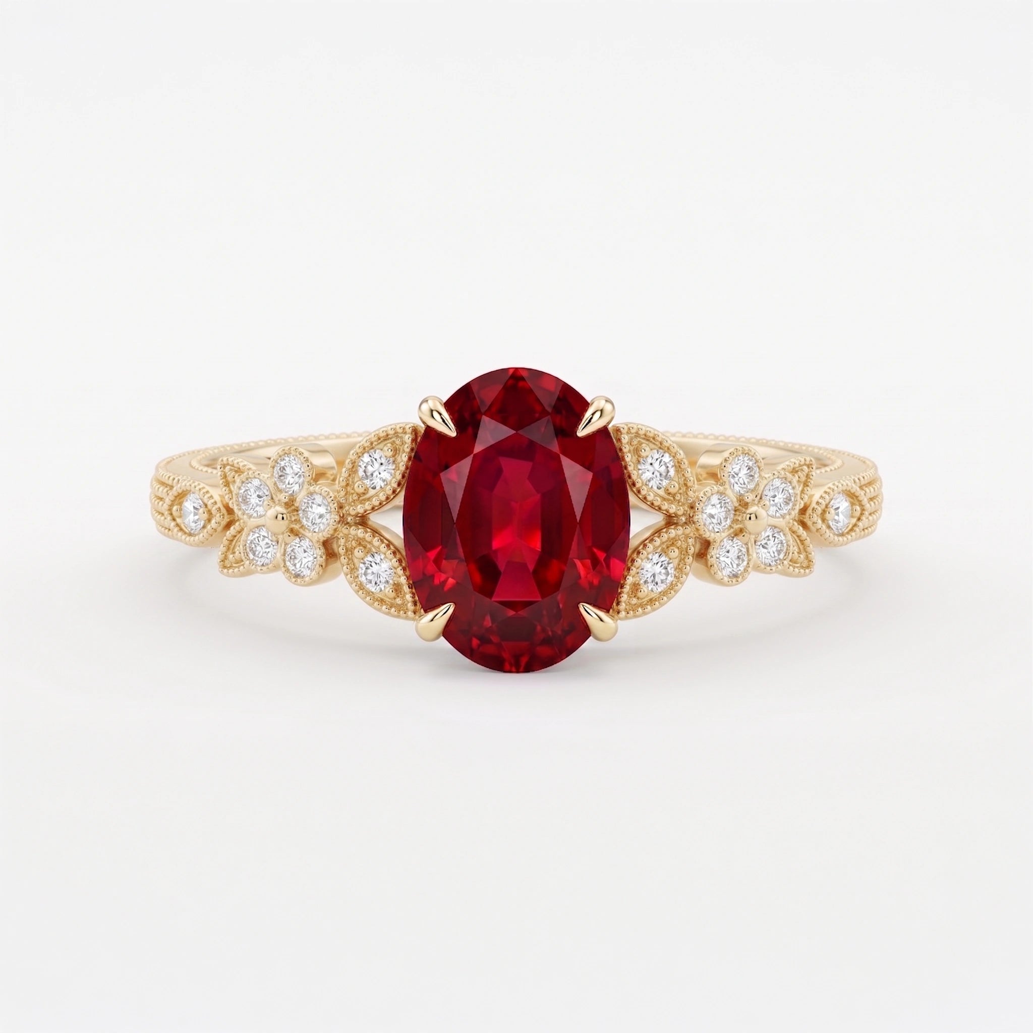 Oval Crimson Ruby Enchanted Blossom Botanical Ring