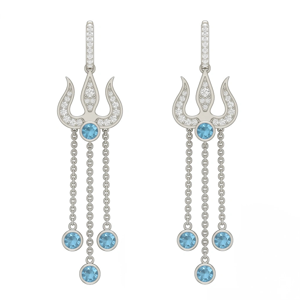 Trident Motif Crystal Diamond Finish Moissanite Drop Earrings in 925 Silver