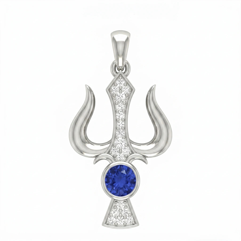 Trident Motif Blue Crystal and Diamond Finish Moissanite Pendant in 925 Silver