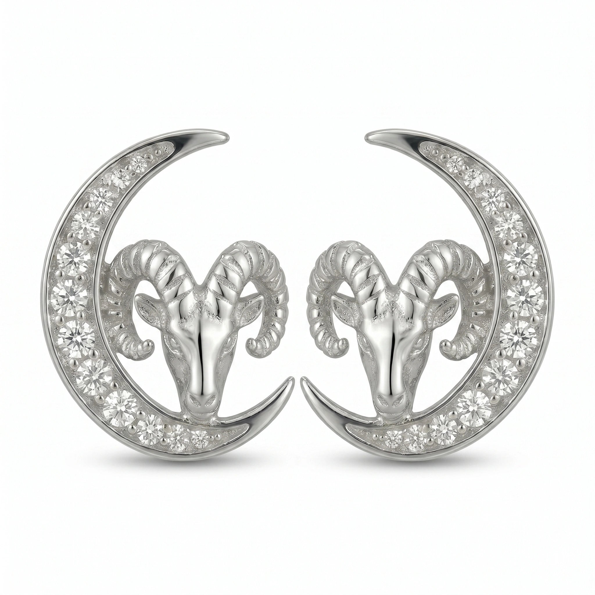 Celestial Crescent Moon and Aries Zodiac Diamond  Finish Moissanite Stud Earrings in 925 Silver