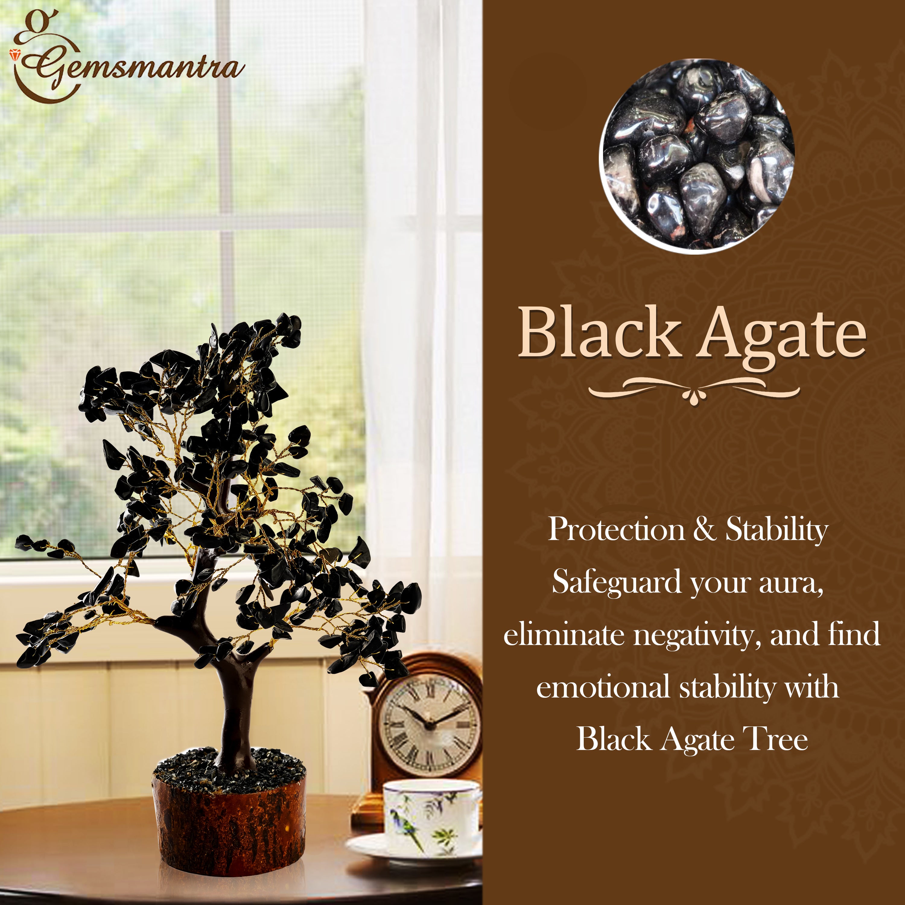 Wooden Black Agate Crystal Tree