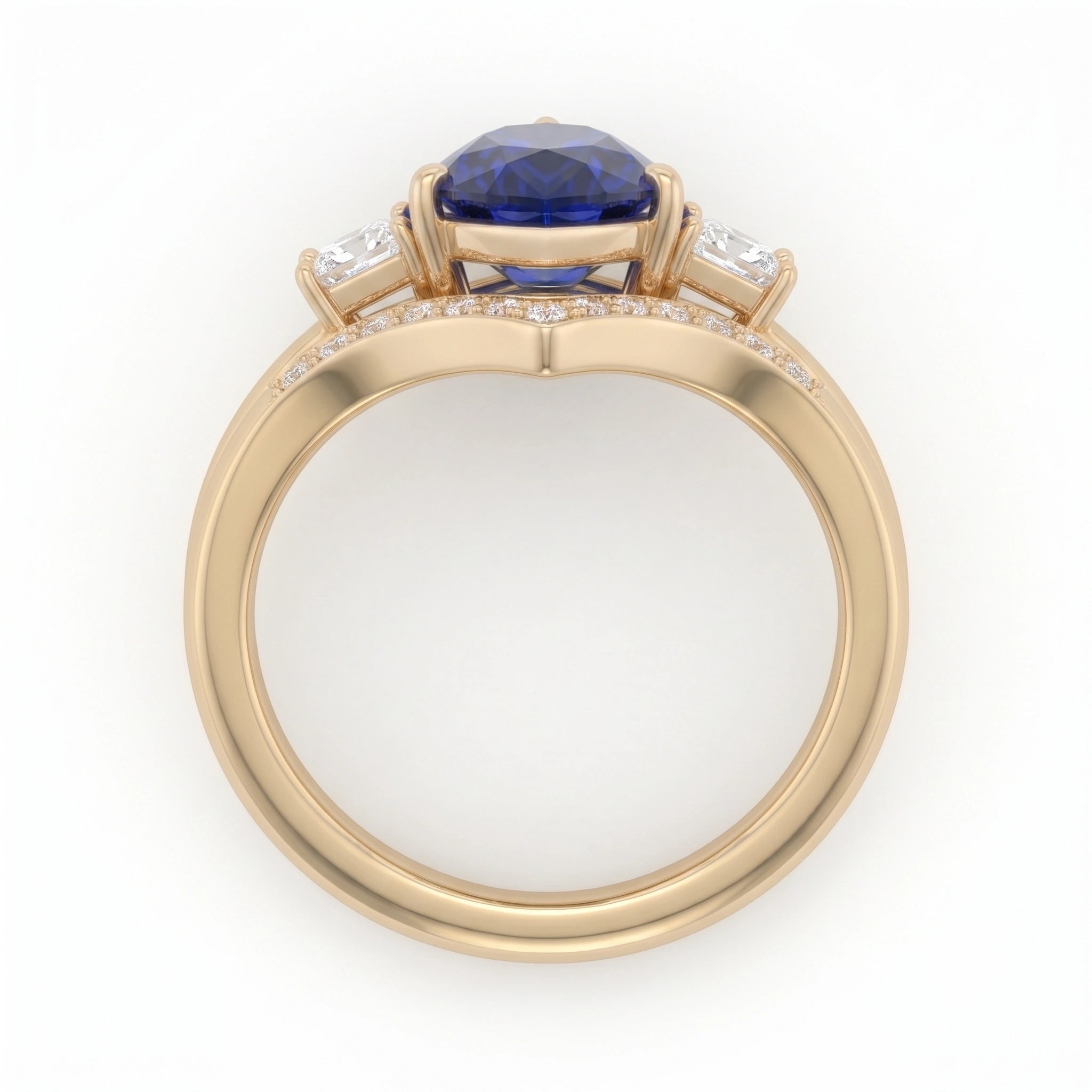 Pear Cut Royal Blue Sapphire Three Stone Chevron Bridal Set