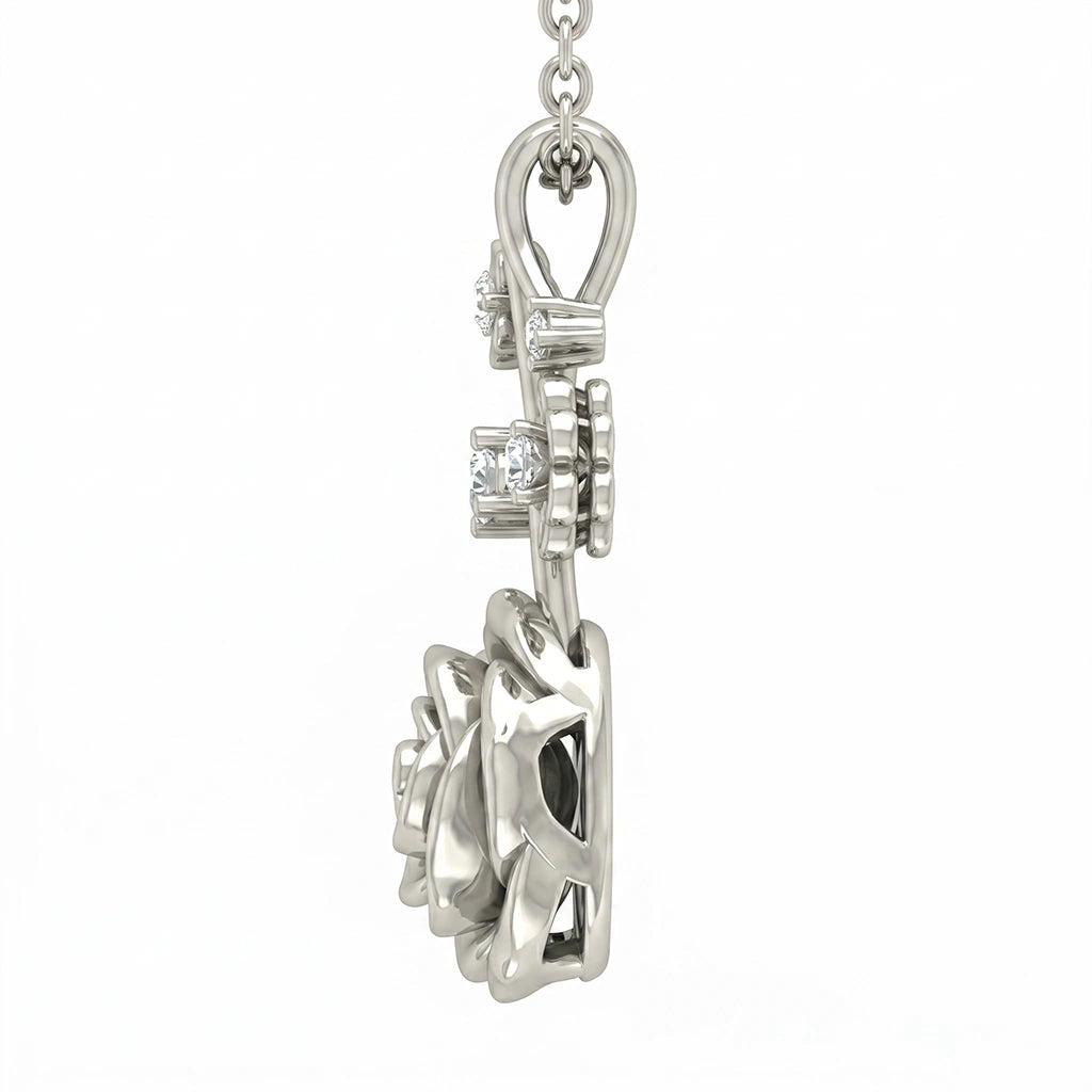 Sculpted Rose Floral Pendant with Diamond Finish Moissanite Accents in 925 Silver