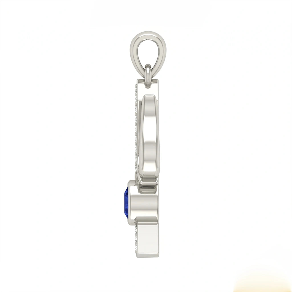 Trident Motif Blue Crystal and Diamond Finish Moissanite Pendant in 925 Silver