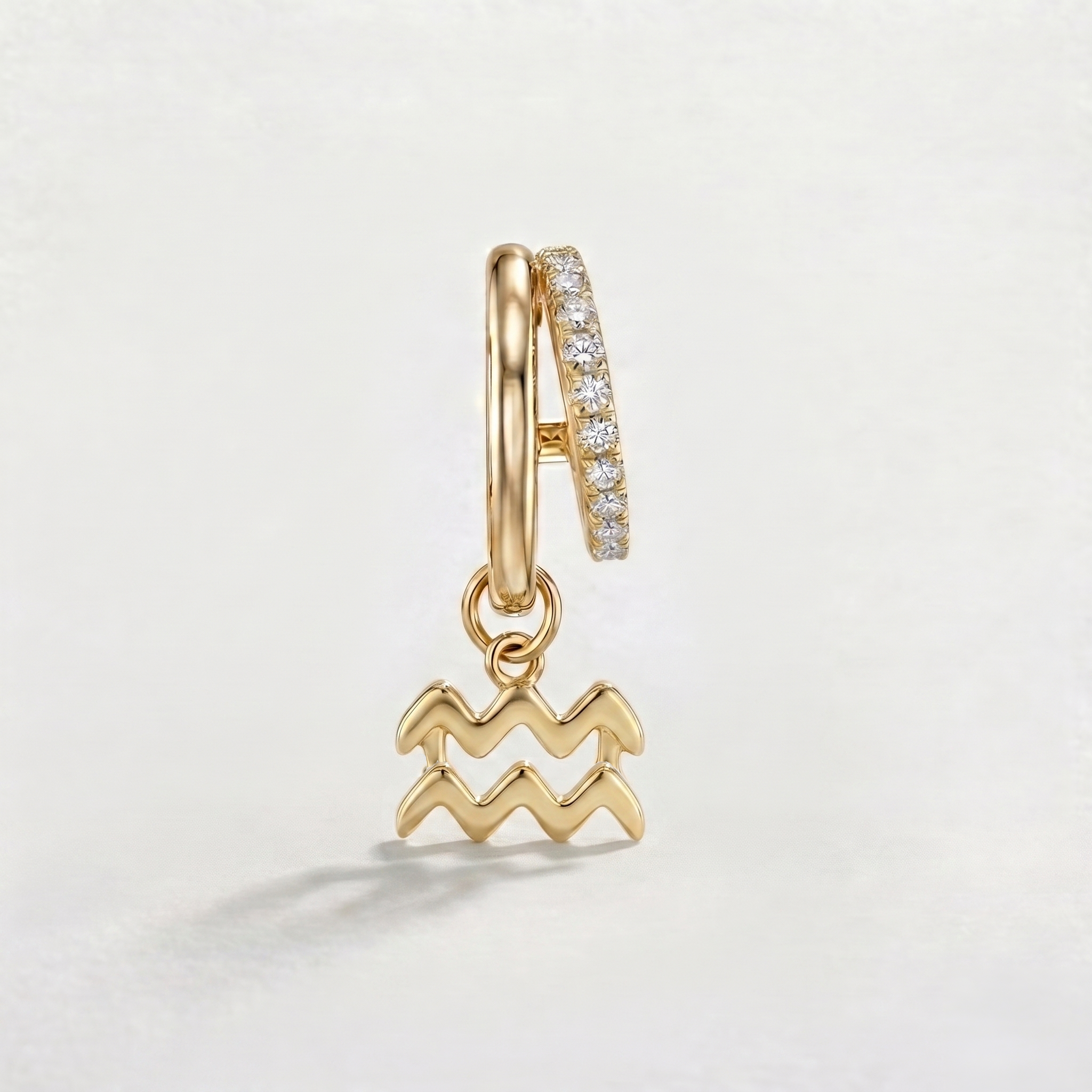 Diamond Finish Moissanite Pavé Hoop Earrings with Aquarius Zodiac Drop (Gold-Plated)