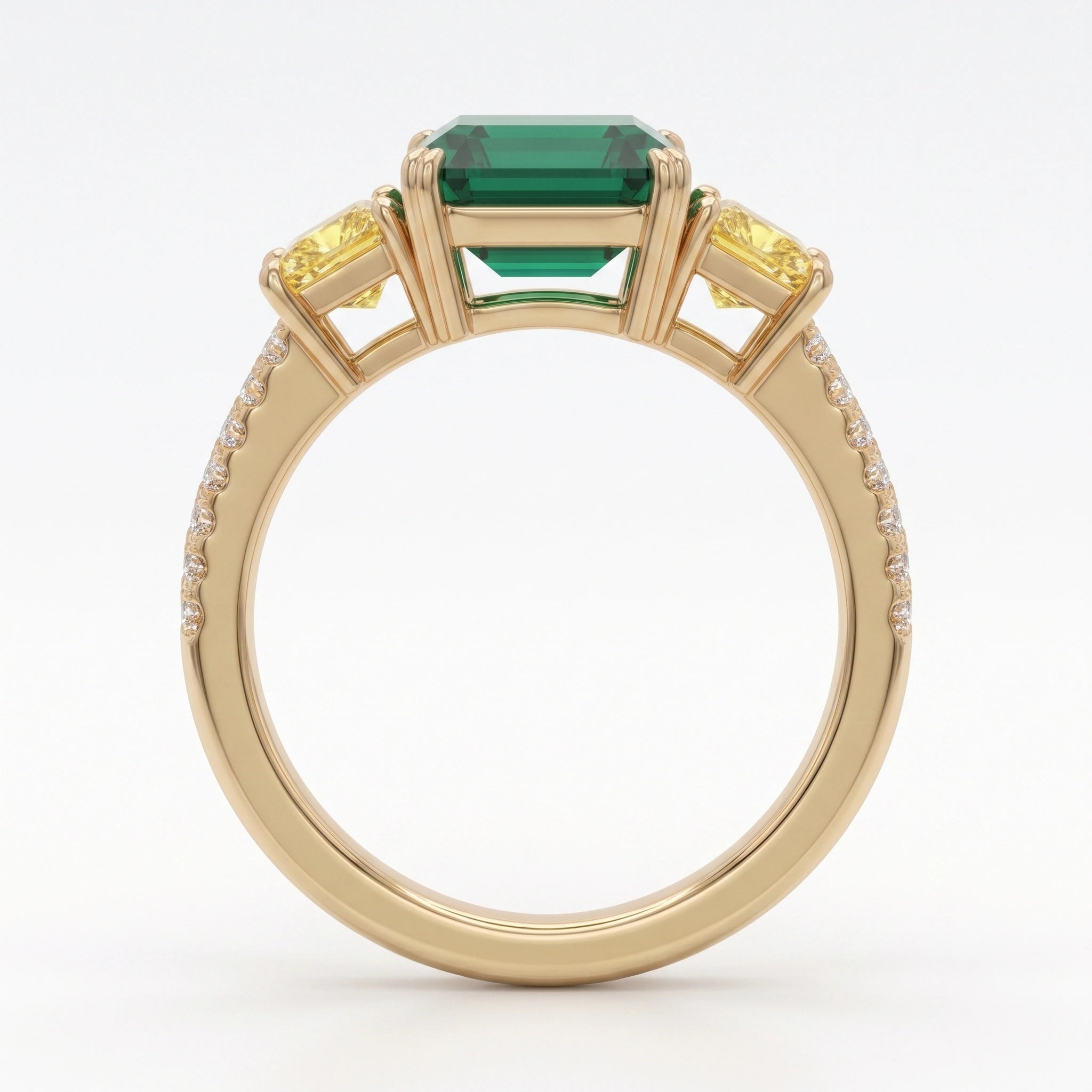 Asscher Cut Emerald Canary Diamond Three Stone Pavé Ring