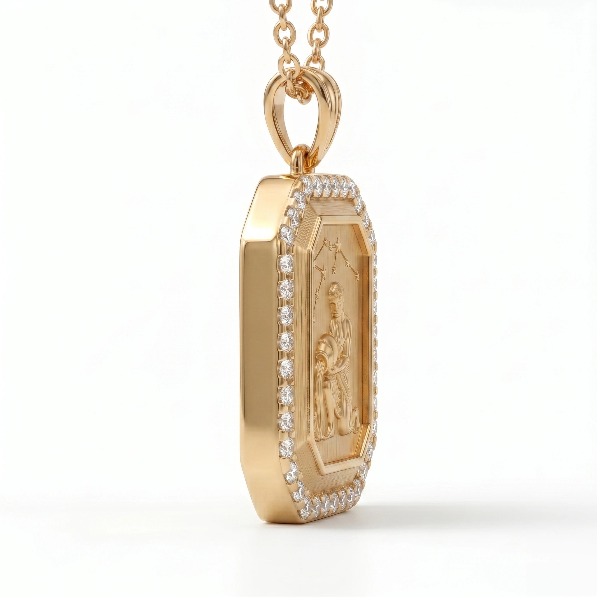 Vintage-Style Aquarius Zodiac Constellation Diamond Finish  Moissanite Halo Pendant in Gold-Plated