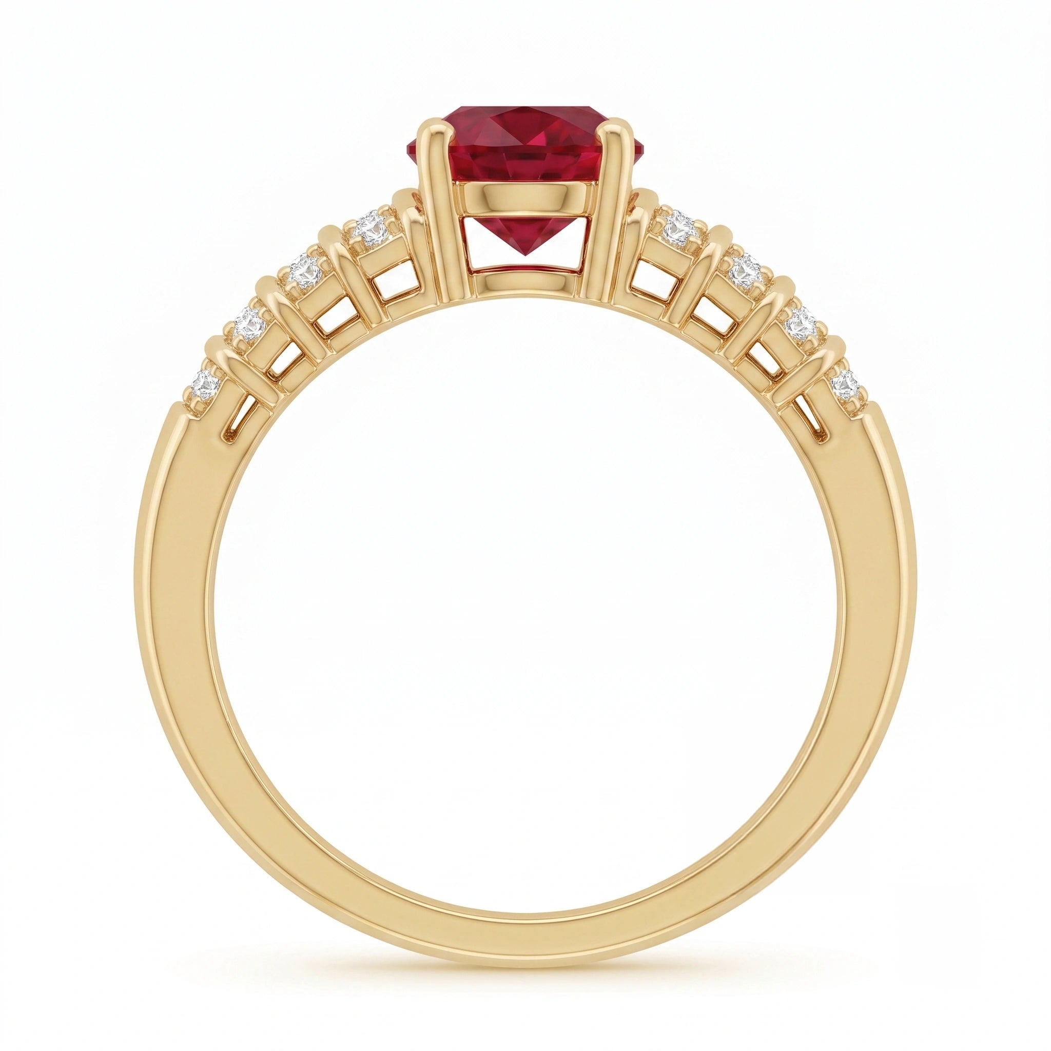 Oval Crimson Ruby Tiered Channel Set Ribbed Band Ring
