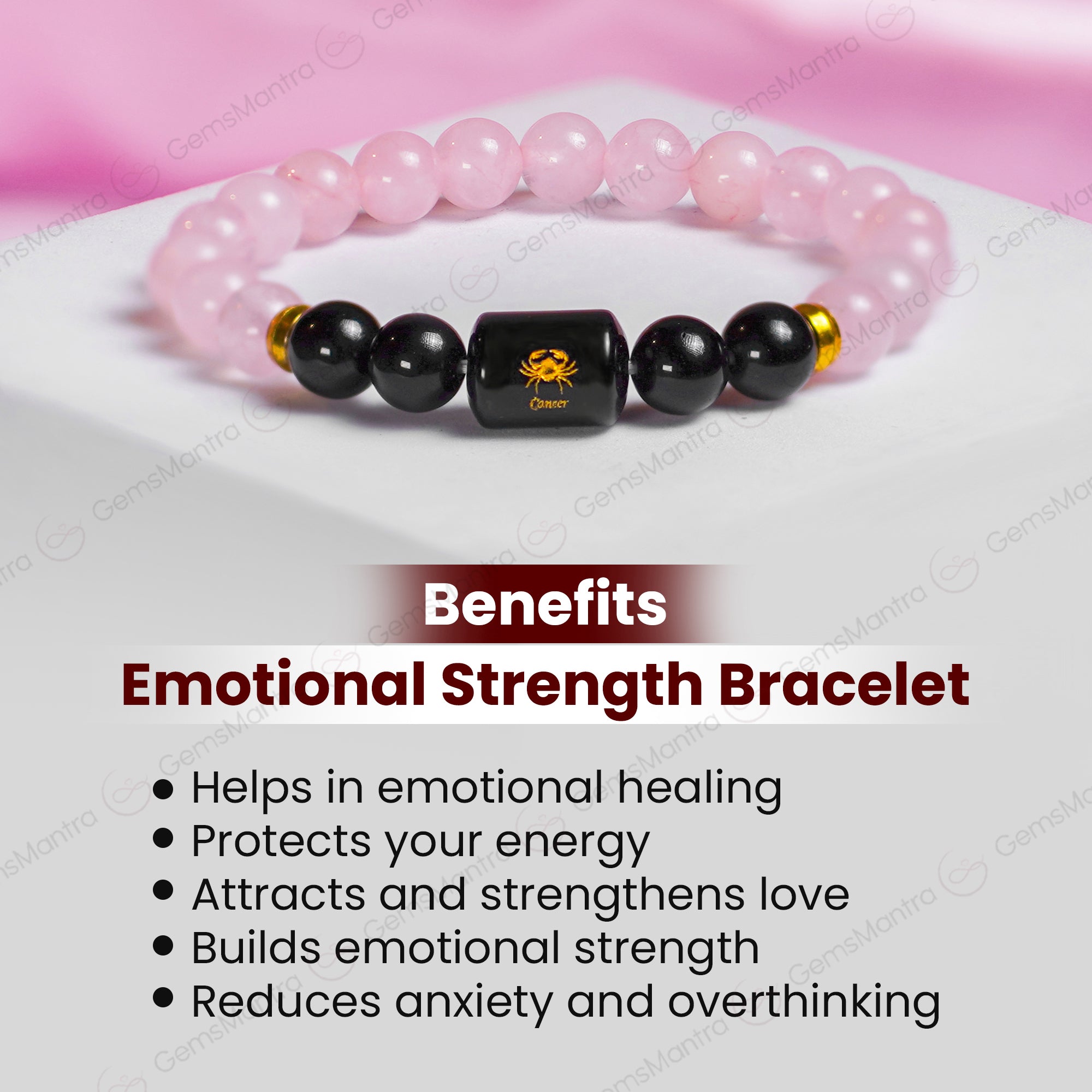Cancer Zodiac Kark Rashi Bracelet with Rose Quartz & Black Tourmaline
