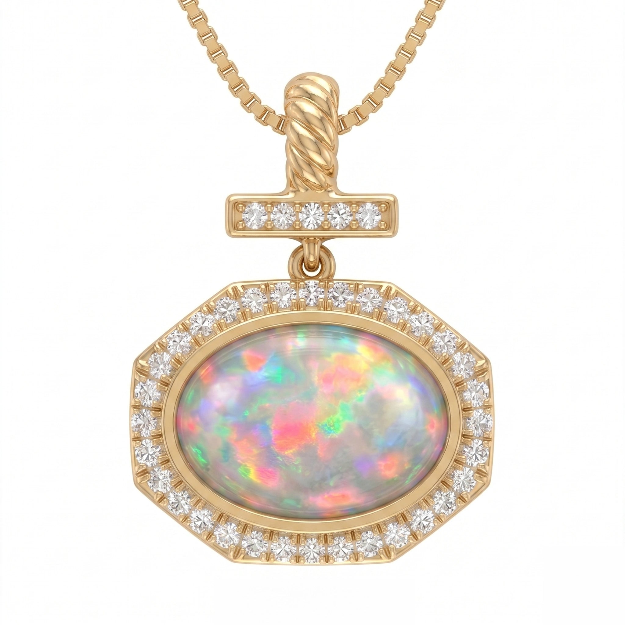 Bezel-Set Cushion Opal Pendant with Diamond Bar and Twisted Bail