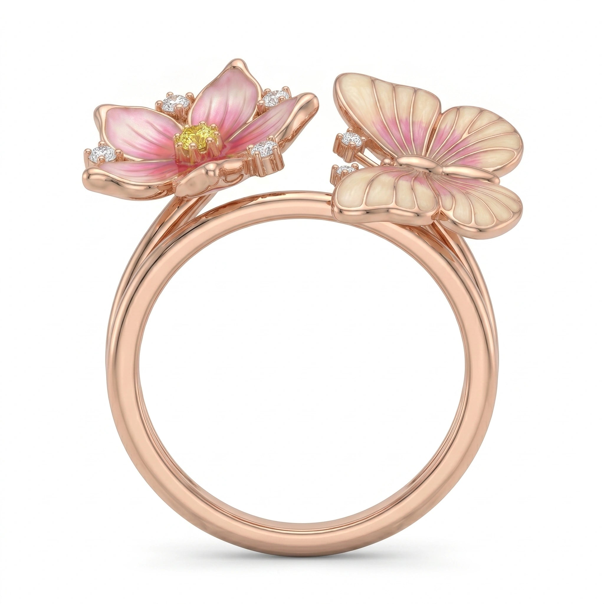 Nature-Inspired Pink Enamel Flower and Butterfly Bypass Ring  with Diamond Finish Moissanite in Rose Gold-Plated