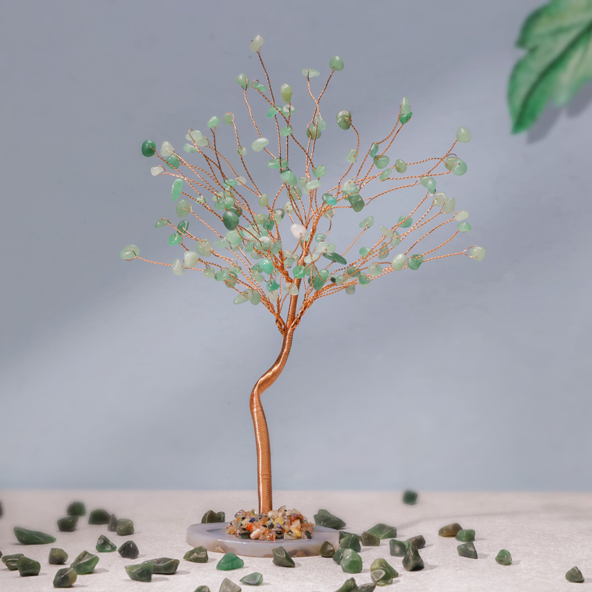Green Aventurine Crystal Tree with Agate Plate – Large, for Vastu